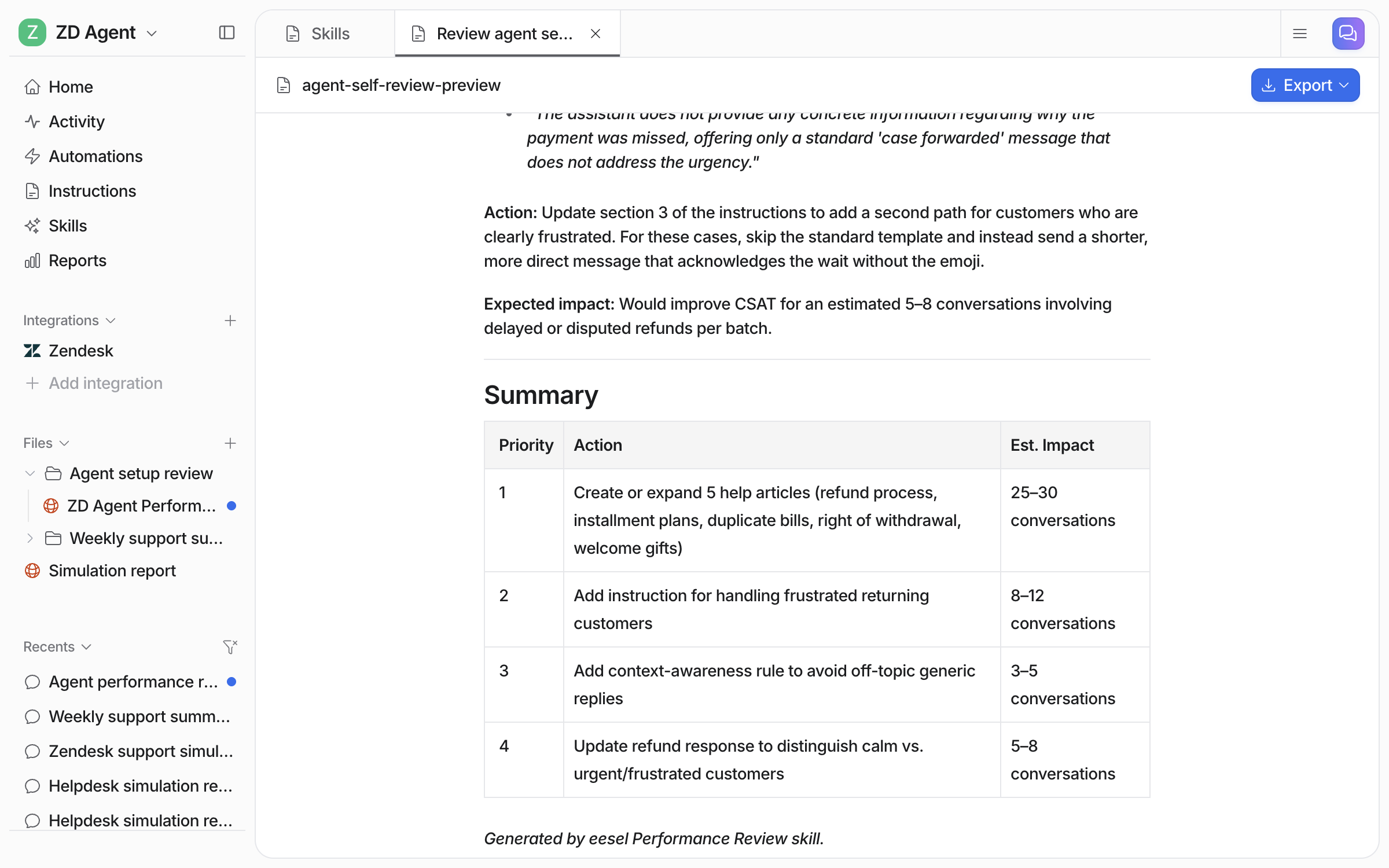 The report's Summary table listing four prioritised actions with the estimated number of conversations each would improve
