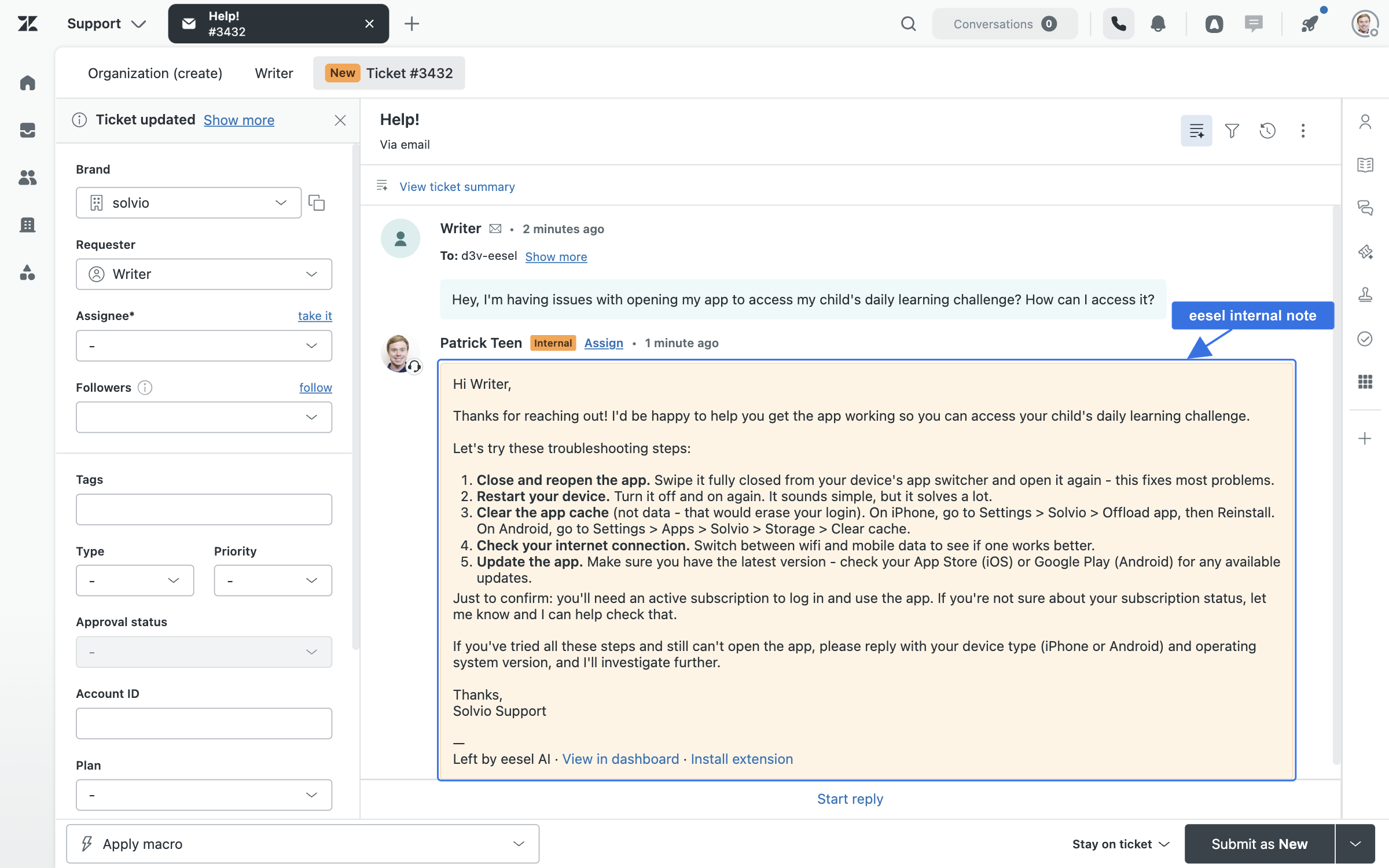 A Zendesk ticket where eesel AI has posted its drafted reply as an internal note, with troubleshooting steps and a line saying it was left by eesel AI