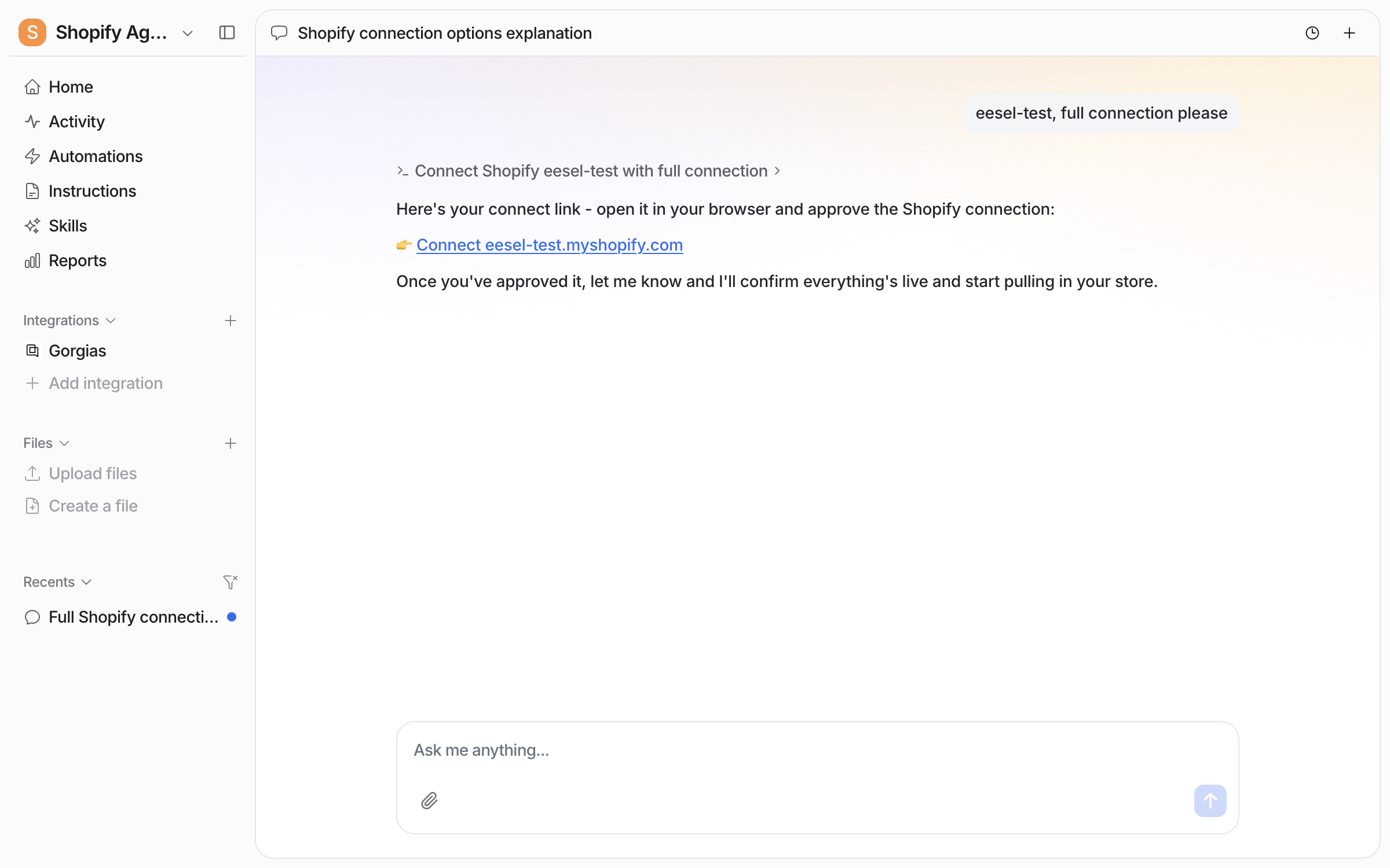The dashboard chat where the user gives the store name and asks for a full connection, and the agent posts a Connect link for the store to open in the browser