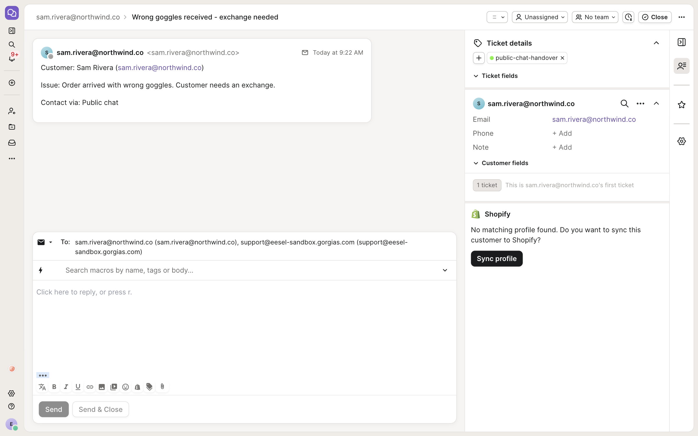 A Gorgias ticket from the public chat handover, with the visitor's email as the requester, the wrong goggles issue summarised and the public-chat-handover tag