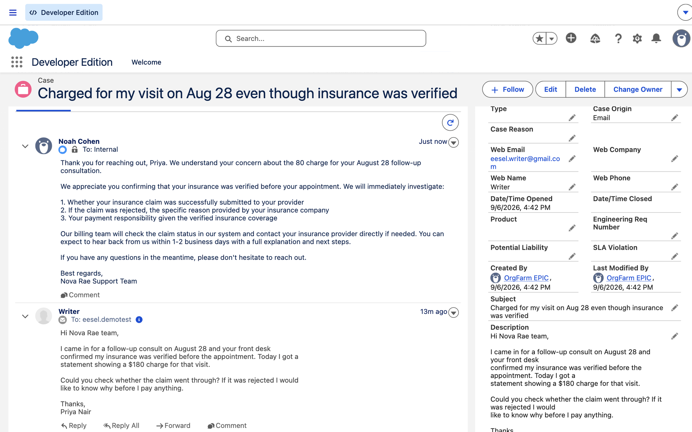 A Salesforce case created from a customer email, with eesel AI's drafted reply added below it as an internal case comment
