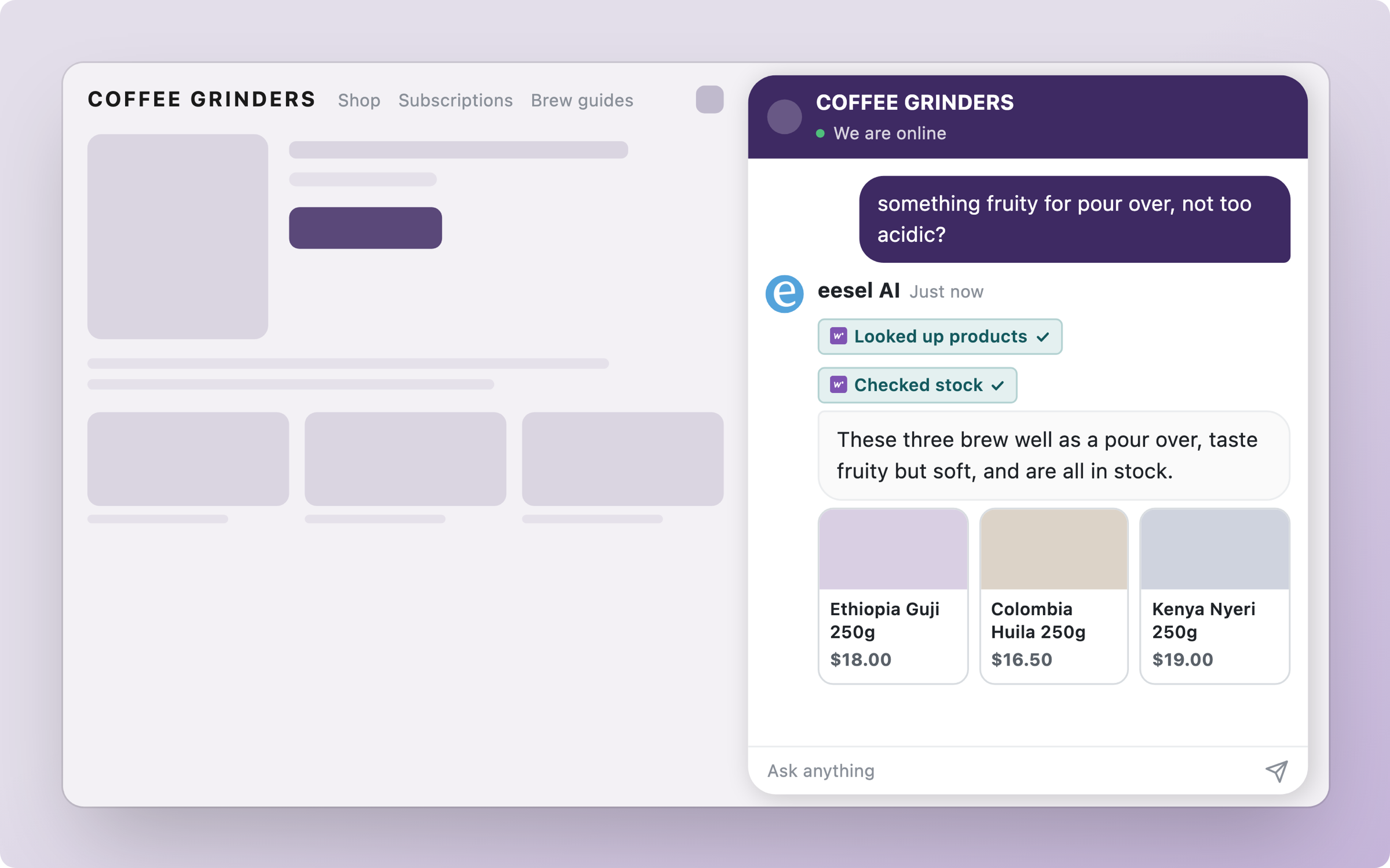 A WooCommerce coffee storefront with the eesel chat bubble open, where the agent recommends three coffees as product cards with prices after looking up products and checking stock