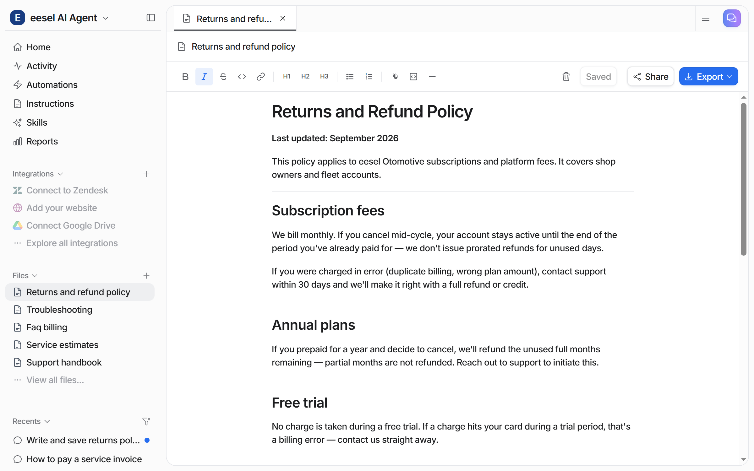 A policy document the agent wrote, open in the Files editor with Saved, Share and Export controls, and the chat that asked for it listed under Recents