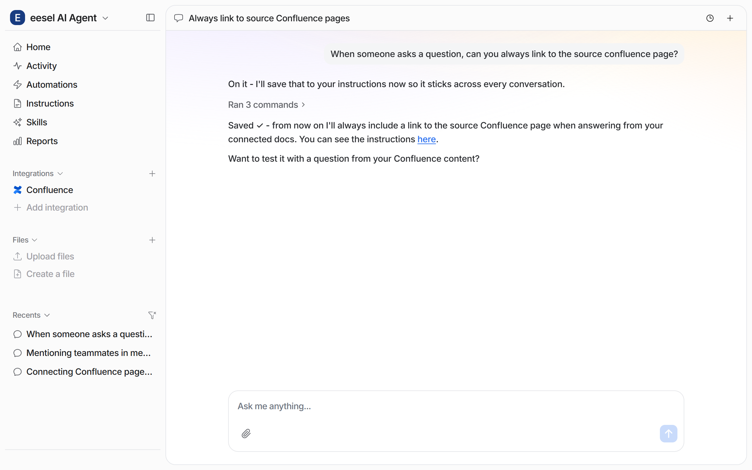 The dashboard chat where the user asks the agent to always link the source Confluence page, and the agent saves it to its instructions