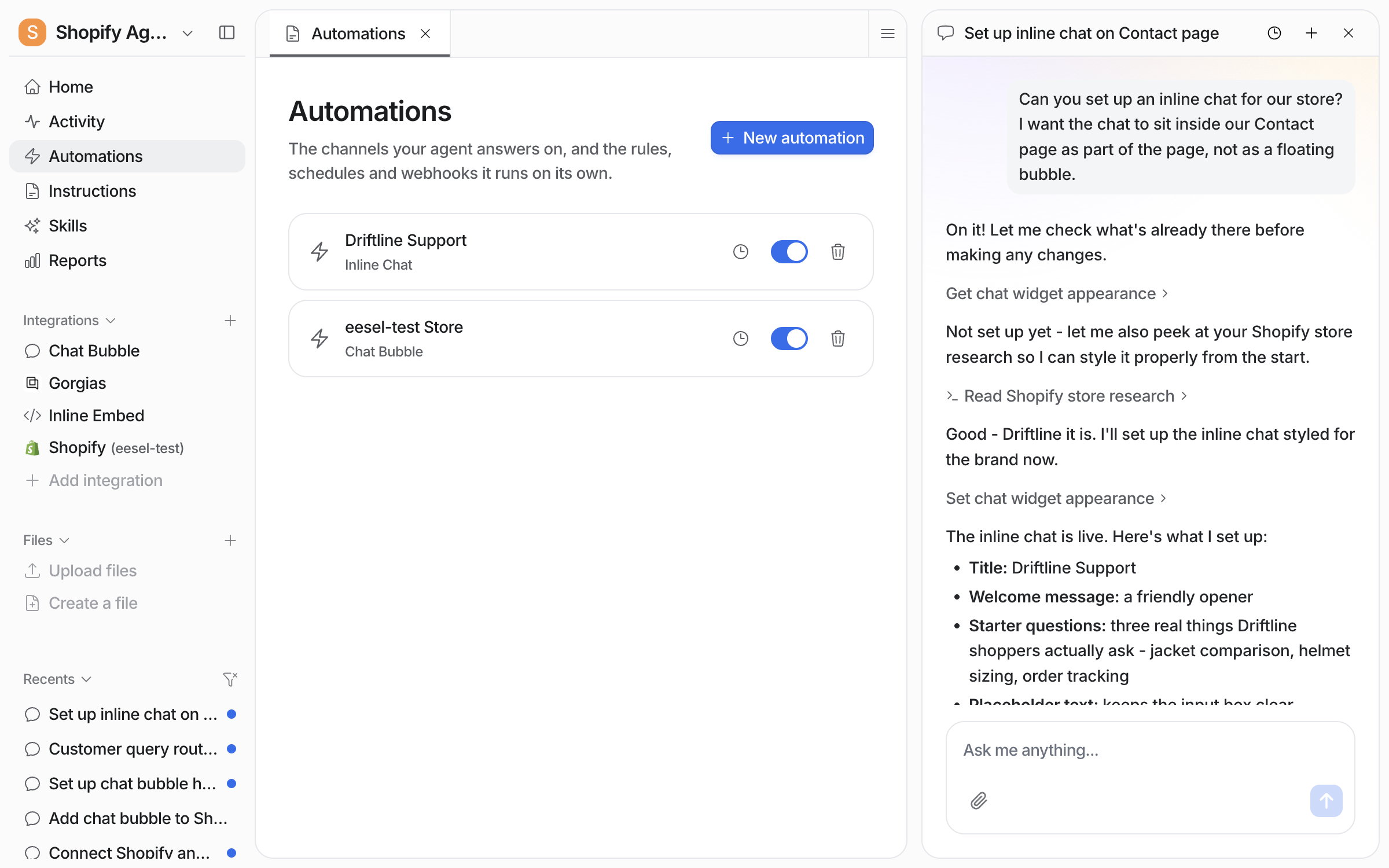 The Automations page listing the Driftline Support inline chat automation switched on, beside the chat where it was set up