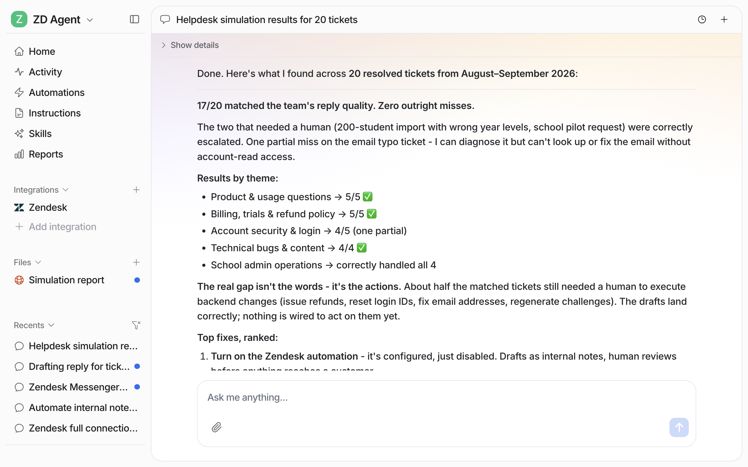 The chat showing the simulation result, 17 of 20 tickets matched the team's reply quality, with a score for each ticket theme