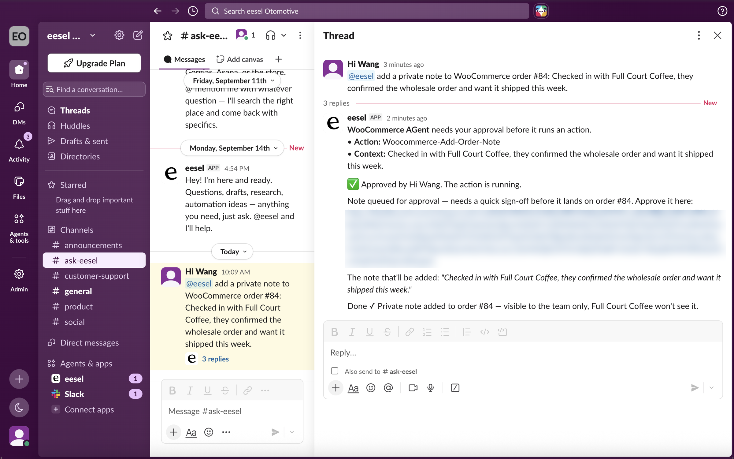 The same Slack thread after approval, with eesel confirming the private note was added to order 84 and is visible to the team only
