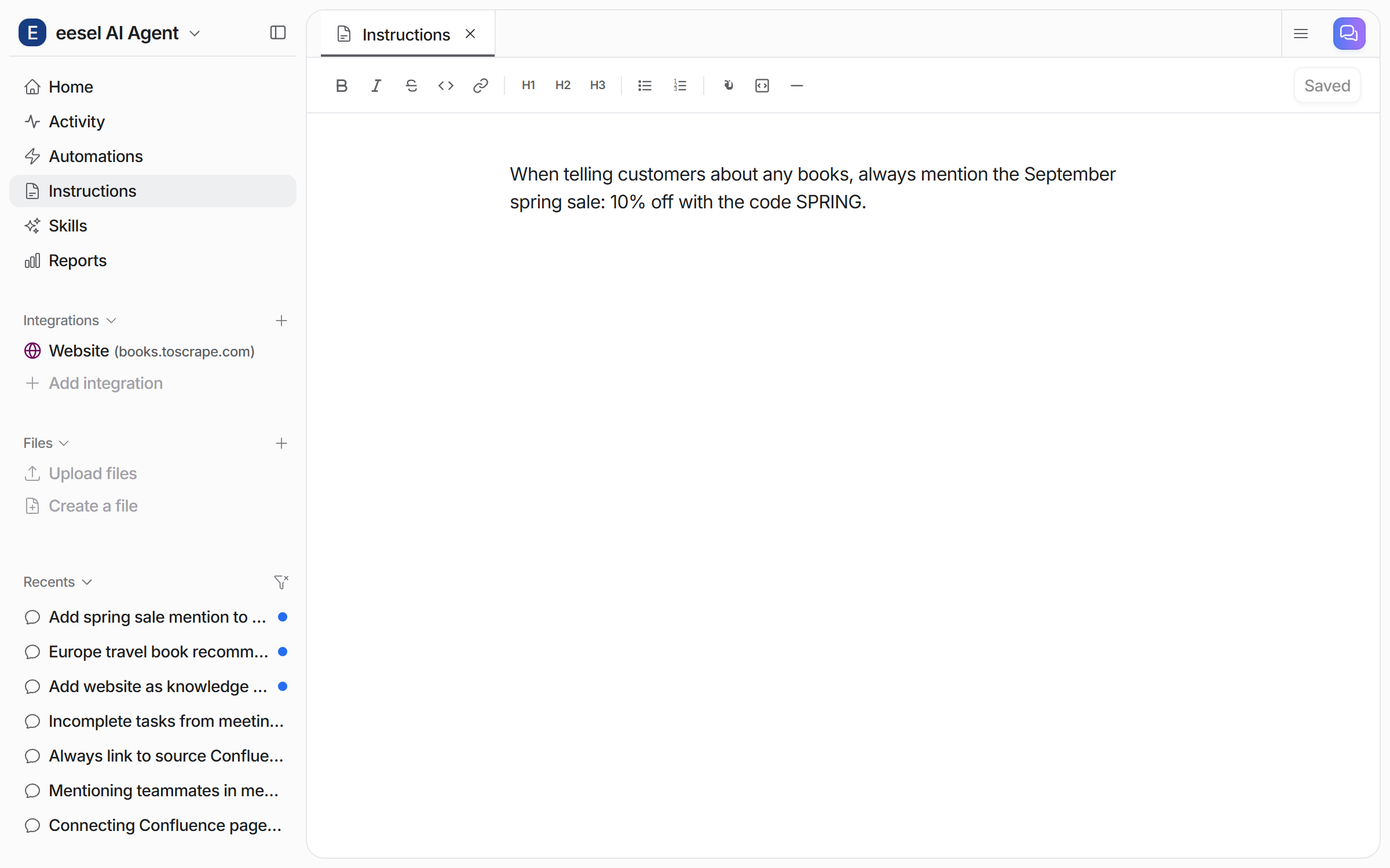 The Instructions page showing the saved standing rule as editable text, marked Saved