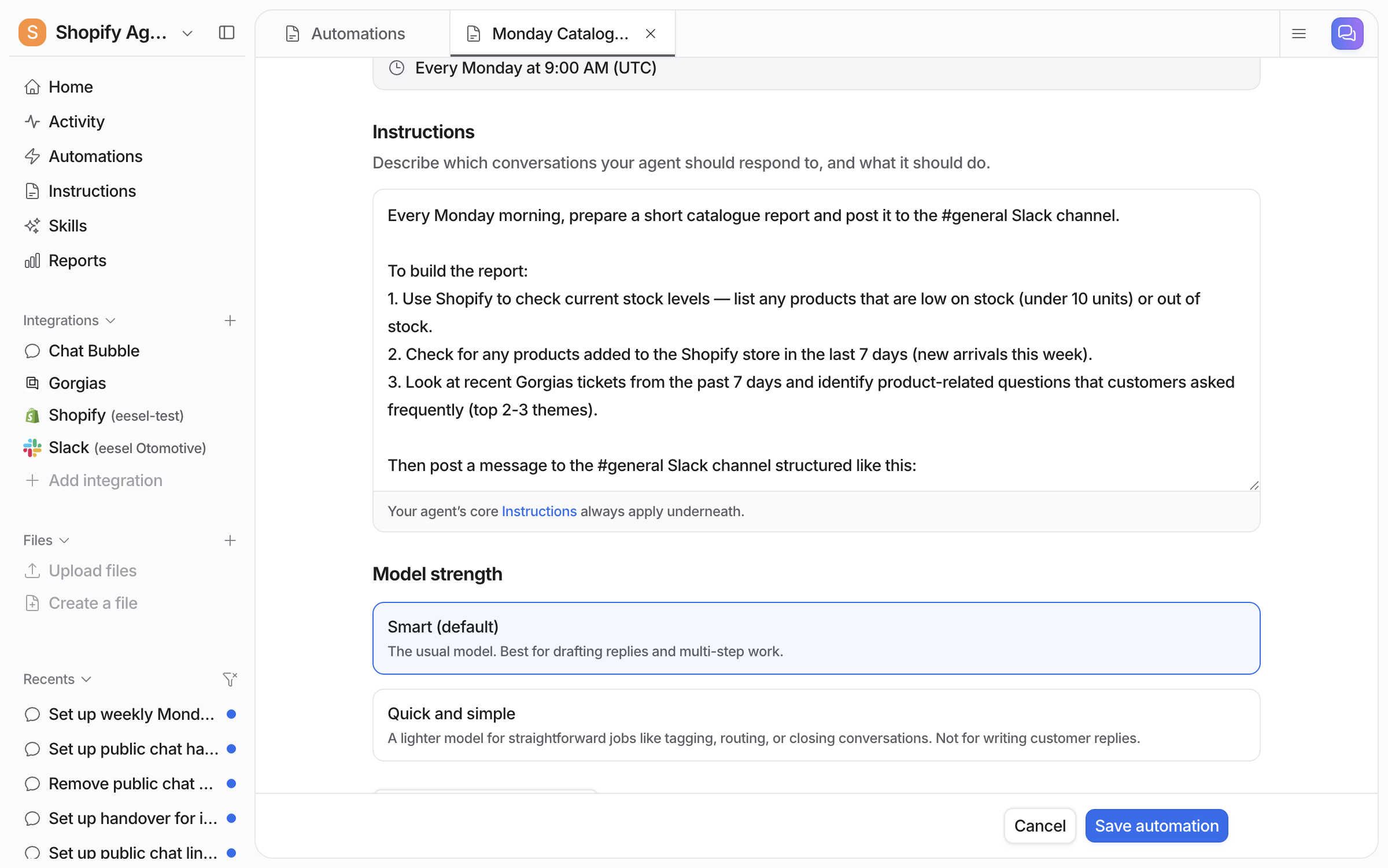 The schedule editor scrolled to the instructions describing the catalogue report, and the Model strength choice between Smart and Quick and simple