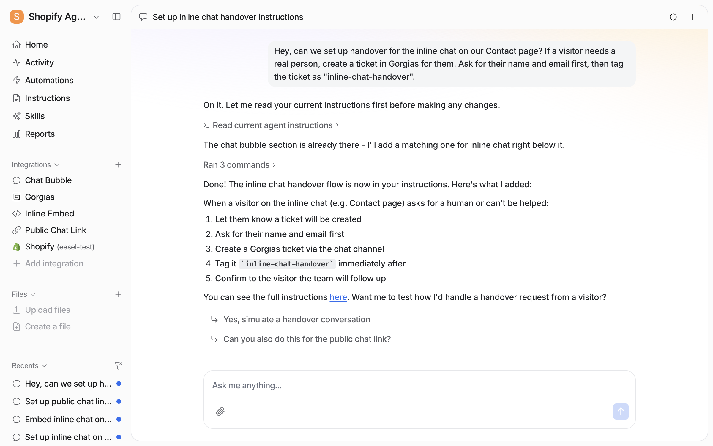 The dashboard chat where the user asks for inline chat handover to Gorgias, and the agent lists the five steps it added to its instructions and links the instructions page