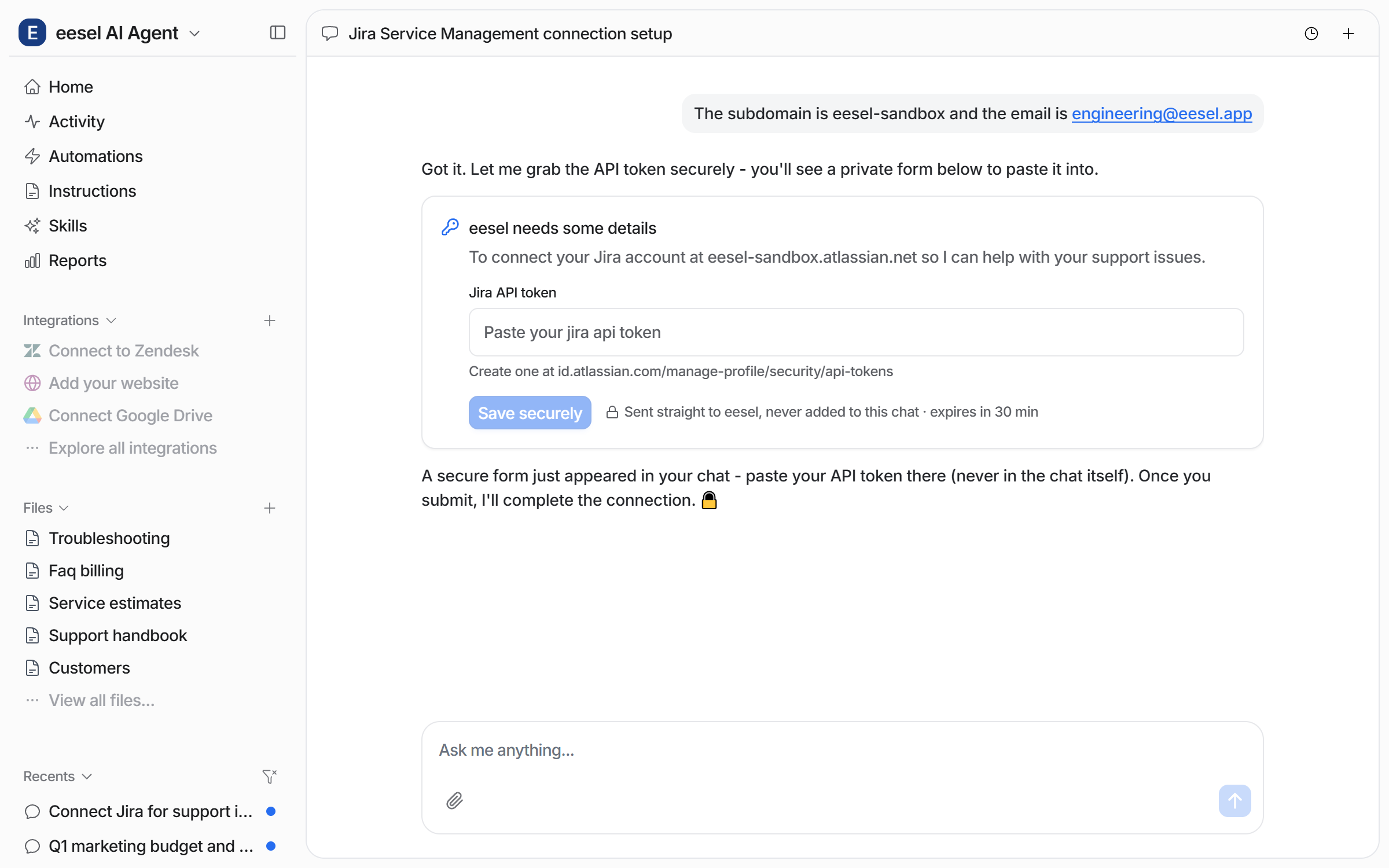 The dashboard chat after the user gives the subdomain and email, showing a secure form with a Jira API token field and a Save securely button
