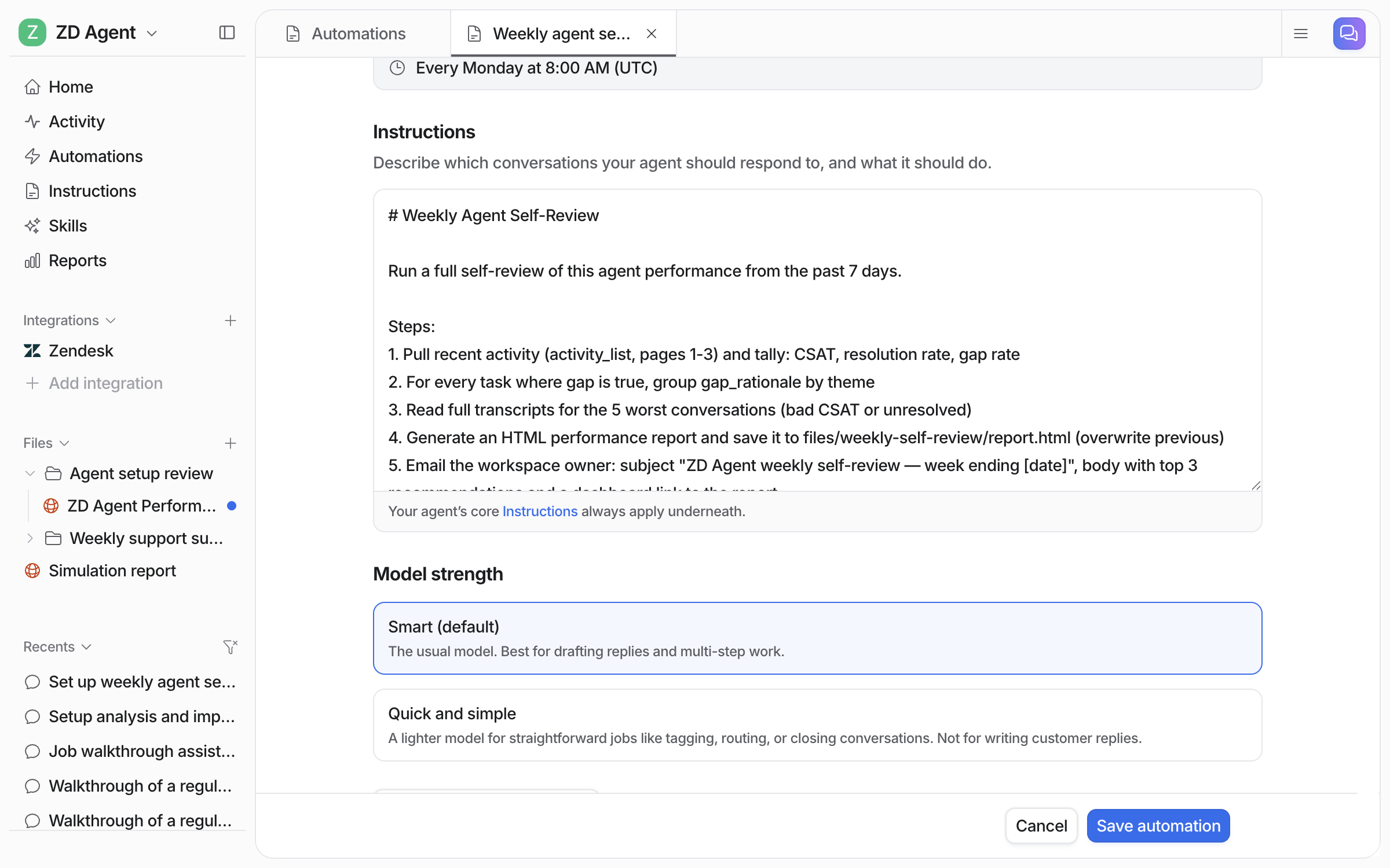 The schedule editor scrolled to the review's instructions, listing the steps to pull activity, group knowledge gaps, read the worst conversations, write the report and email the owner, above the Model strength choice