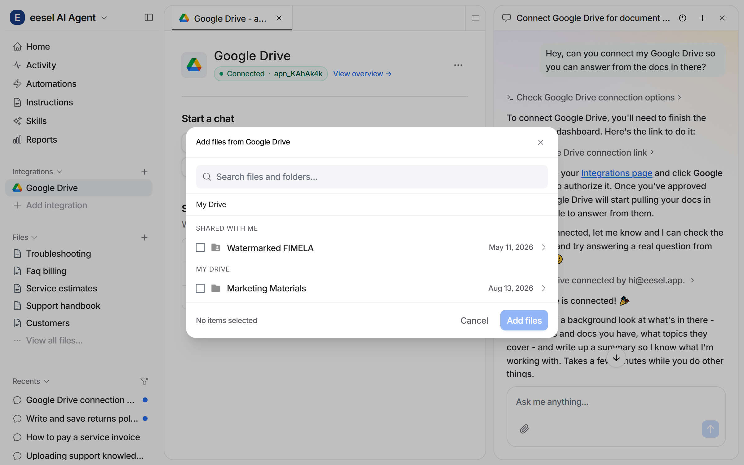 The connected Google Drive integration page with the file picker open, showing a search box and folder checkboxes under My Drive and Shared with me