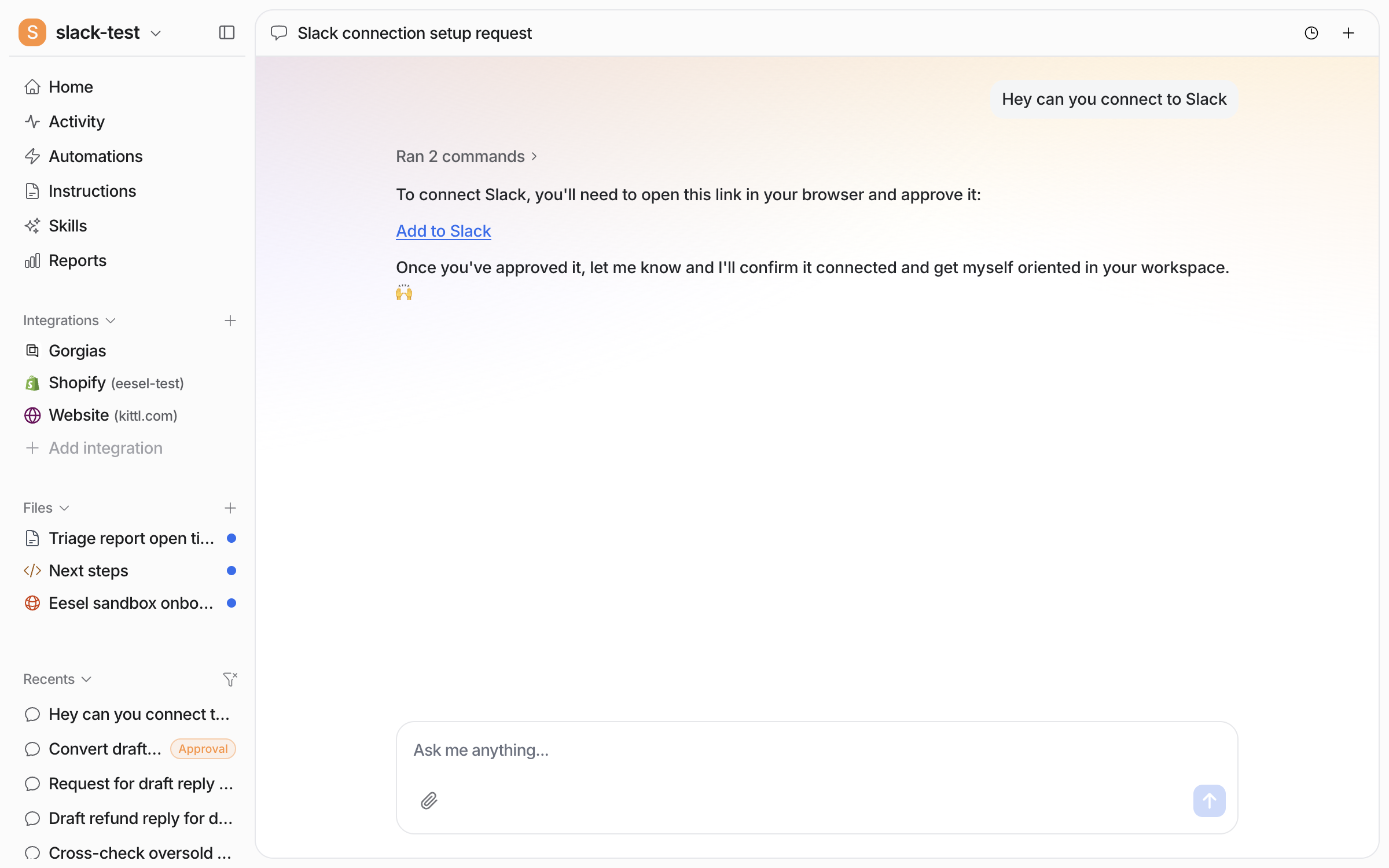 The dashboard chat where the user asks to connect Slack and the agent posts an Add to Slack link to open and approve in the browser