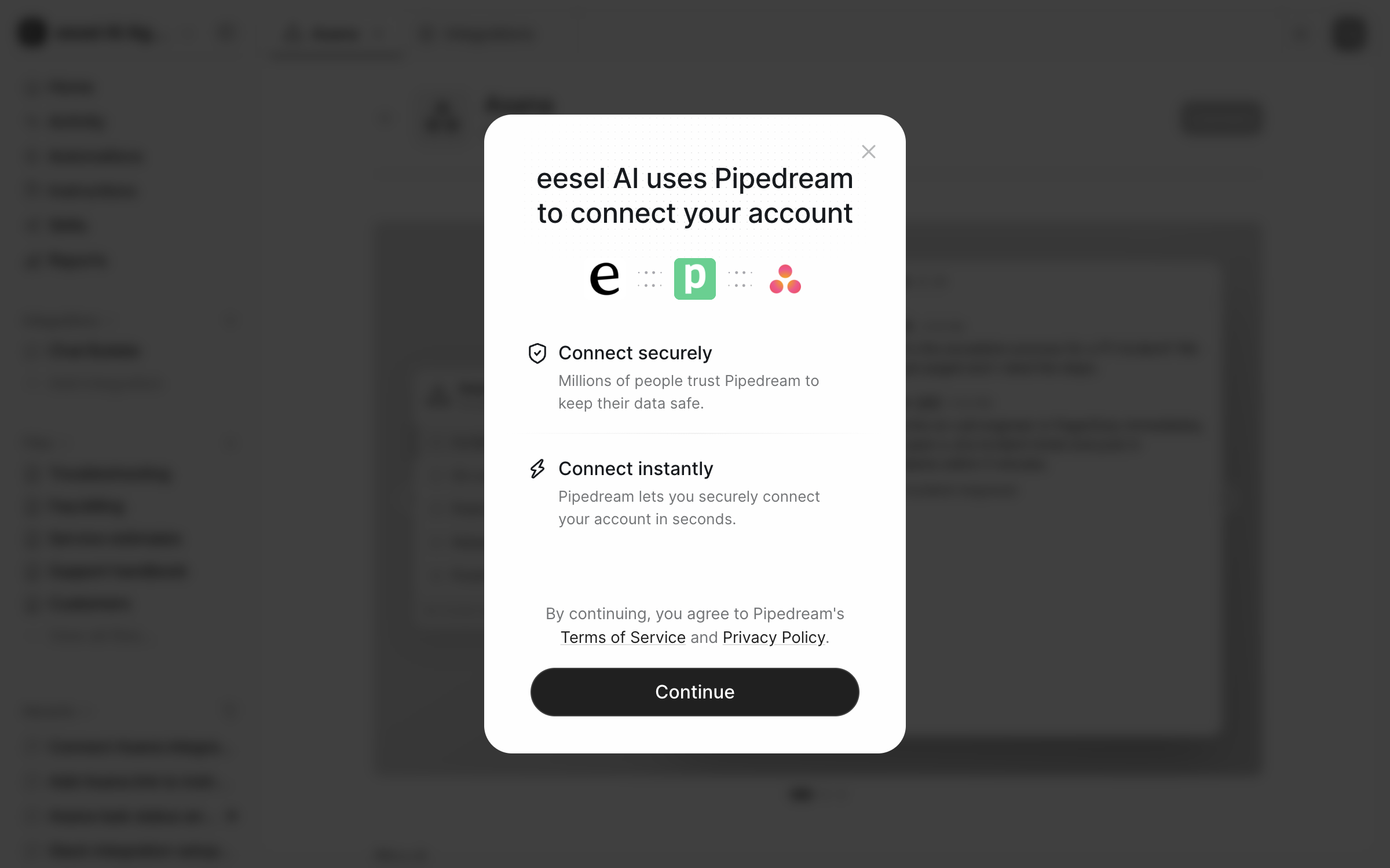 A dashboard modal saying eesel AI uses Pipedream to connect your account, with a Continue button