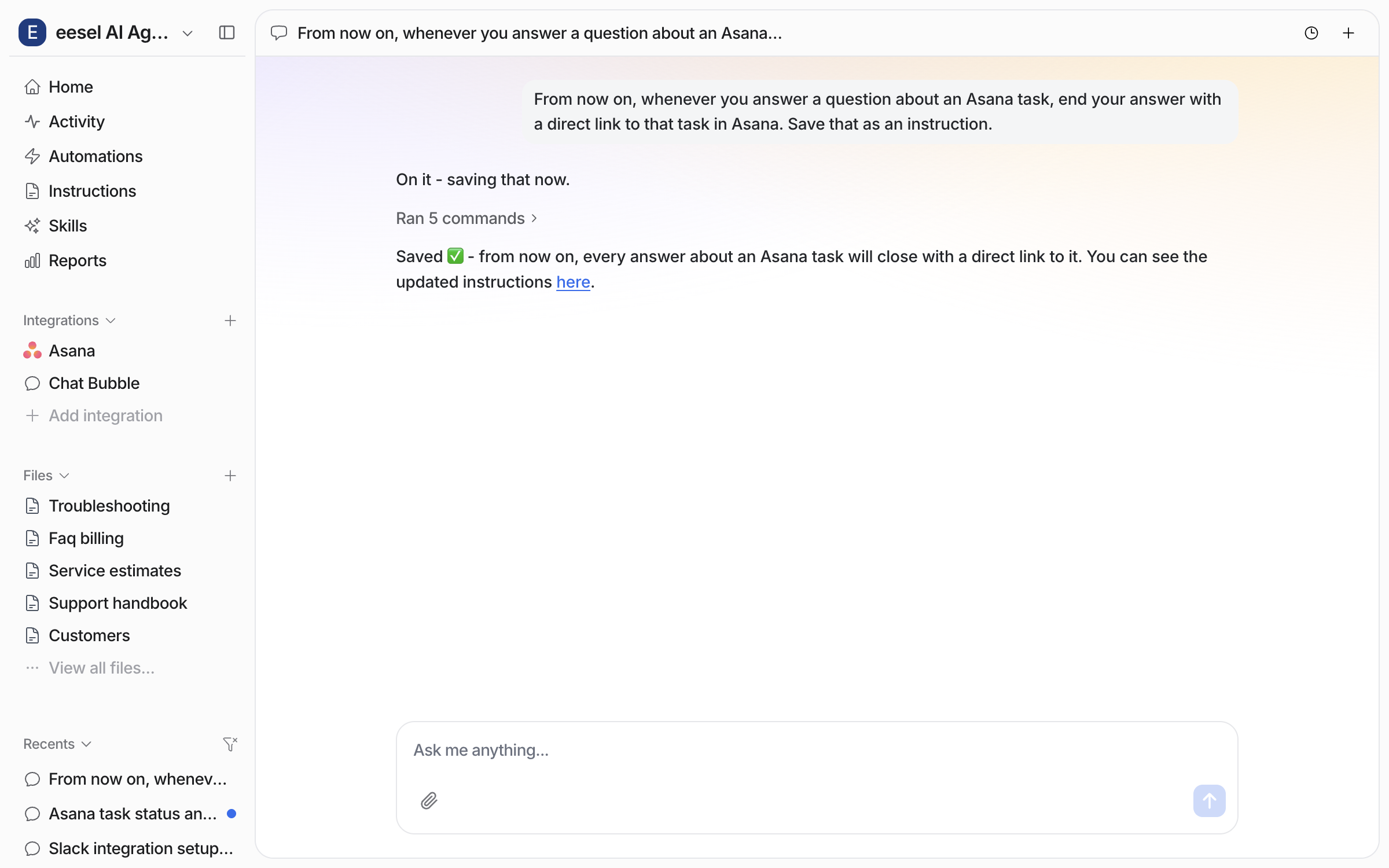 The dashboard chat where the user gives a standing rule for Asana answers and the agent confirms it saved the rule to instructions
