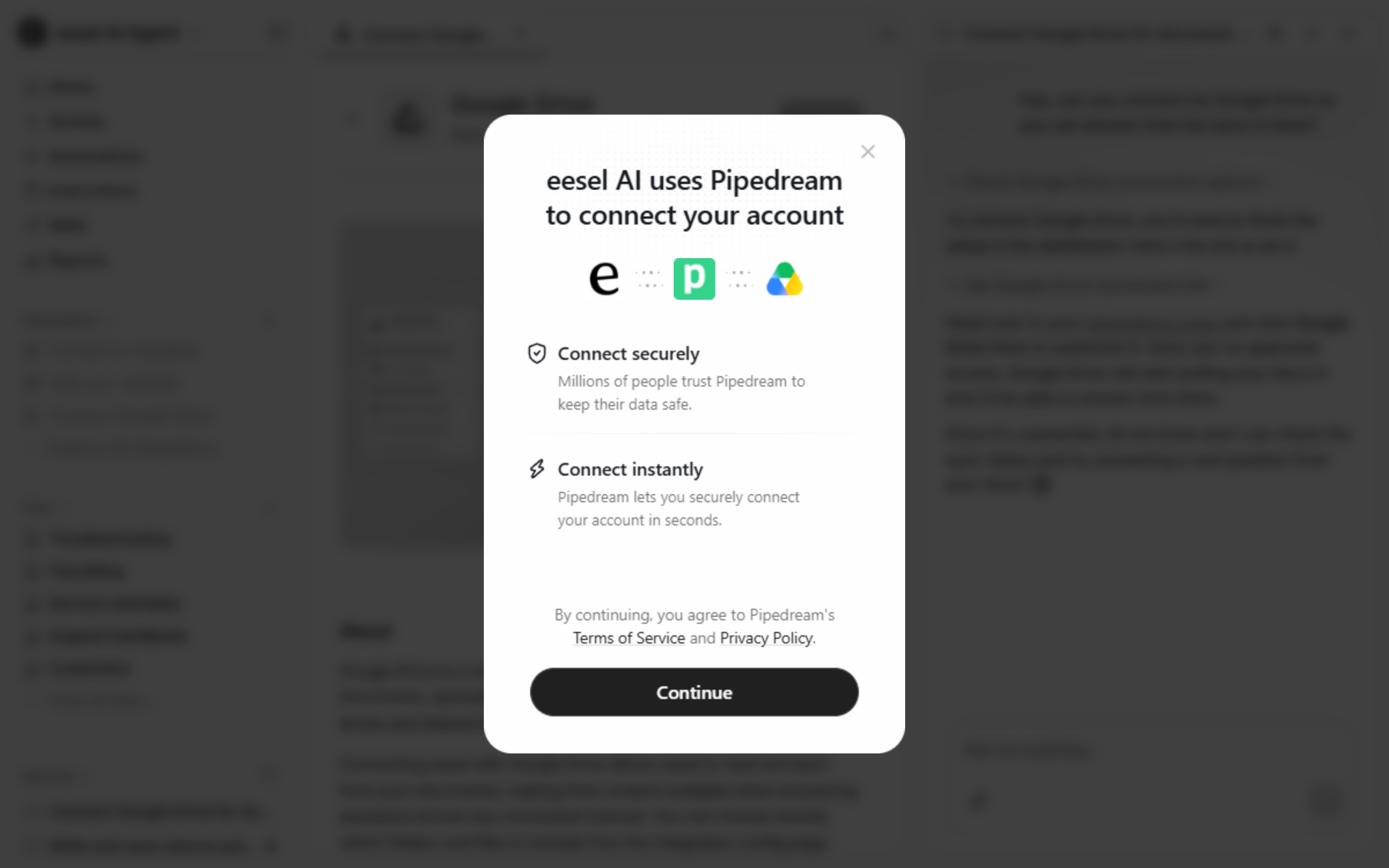A dashboard modal saying eesel AI uses Pipedream to connect your account, with a Continue button