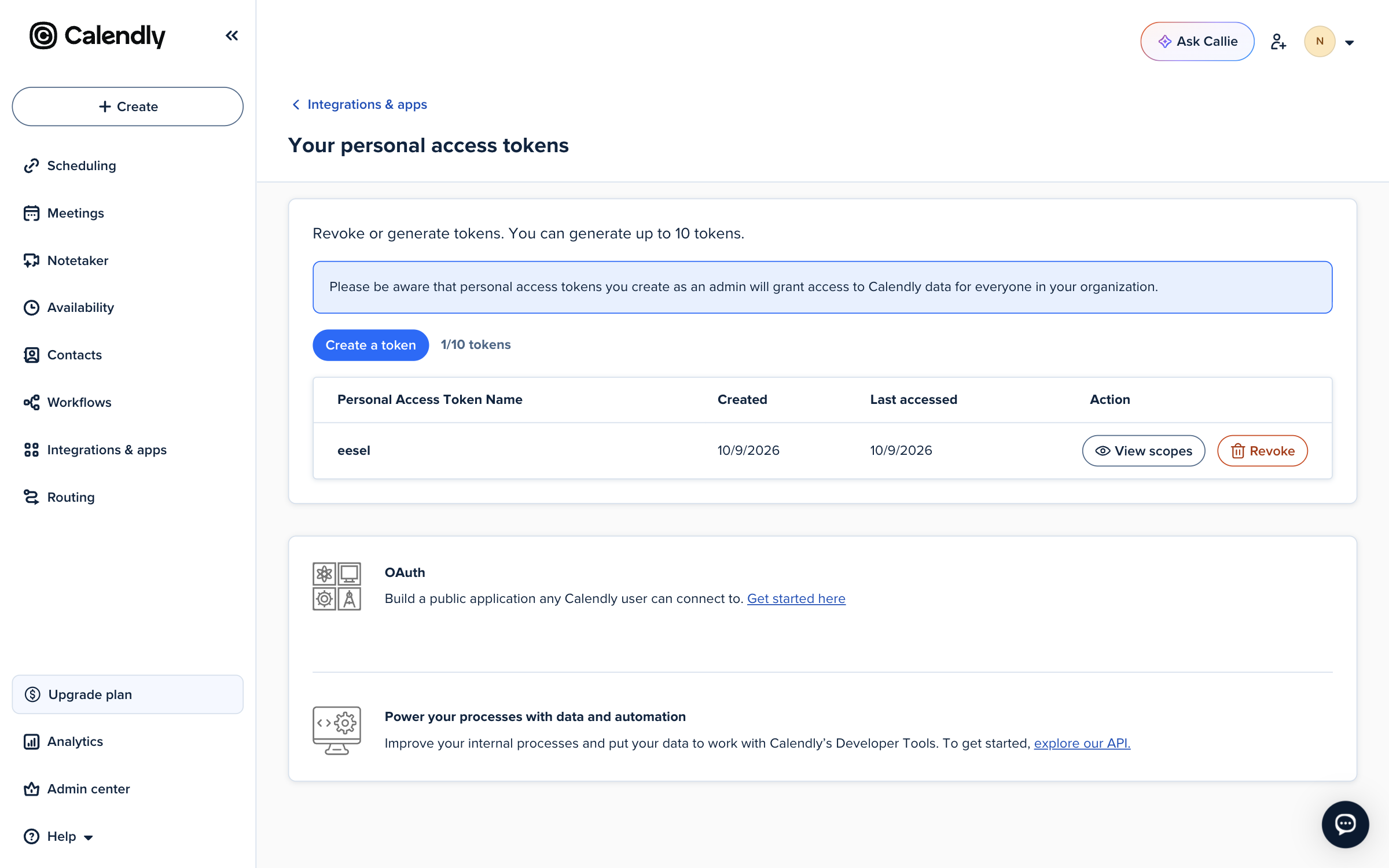 Calendly's personal access tokens page with a note that admin tokens grant access to data for everyone in the organization, a Create a token button and one token named eesel