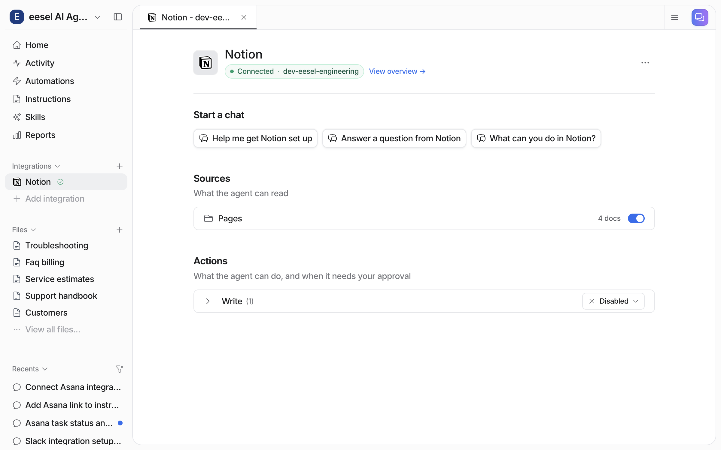 The Notion integration page showing Connected with the workspace name, Start a chat buttons, a Sources row for Pages with a document count and toggle, and an Actions group named Write set to Disabled