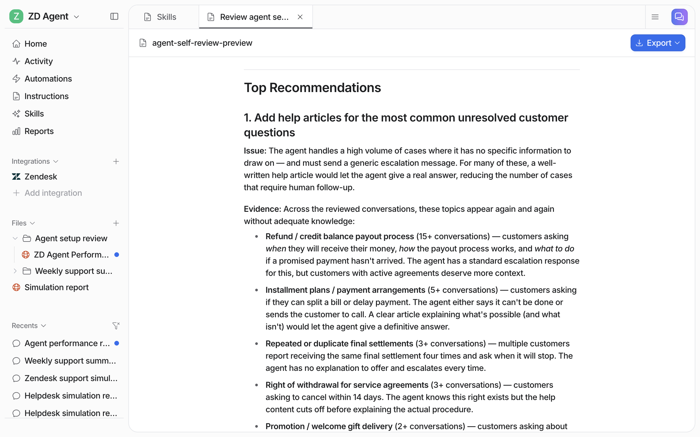 The report's Top Recommendations section, listing the help articles to add for the most common unresolved customer questions with the evidence for each