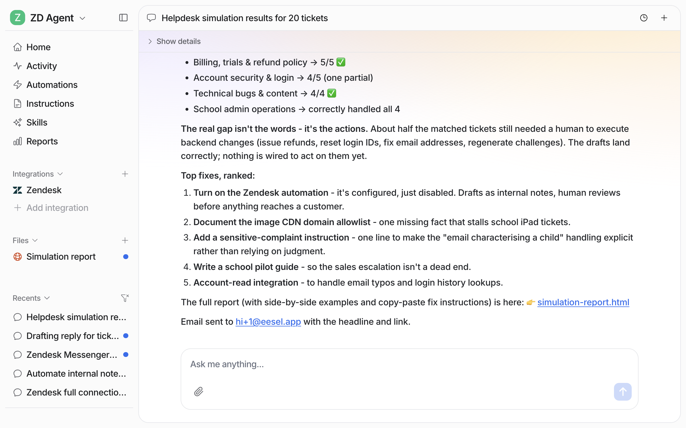 The same chat scrolled down, listing five ranked fixes and linking the full simulation report file