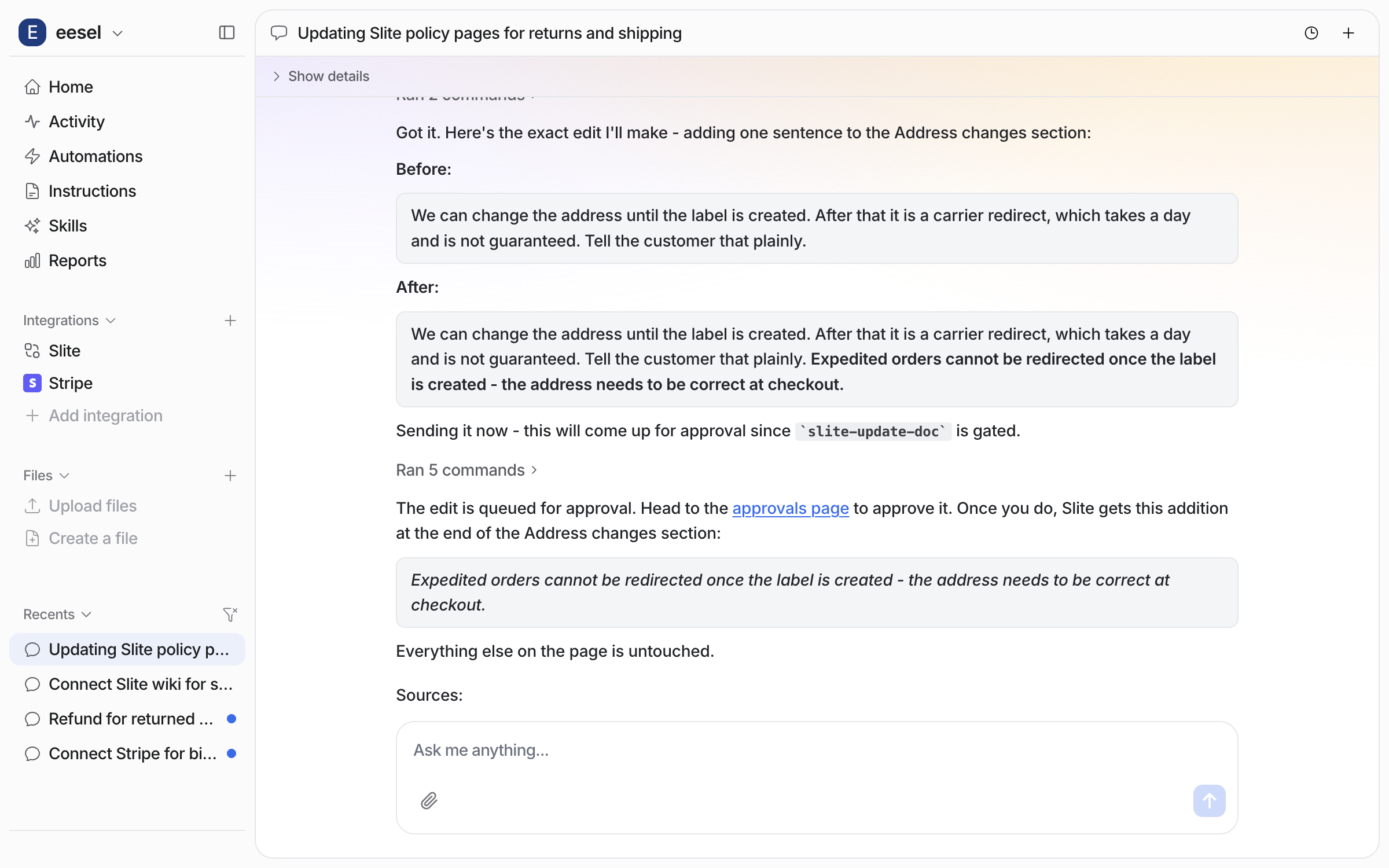 The dashboard chat where the agent shows a Before and After of the Address changes section of the Shipping and delivery page, then says the edit is queued for approval