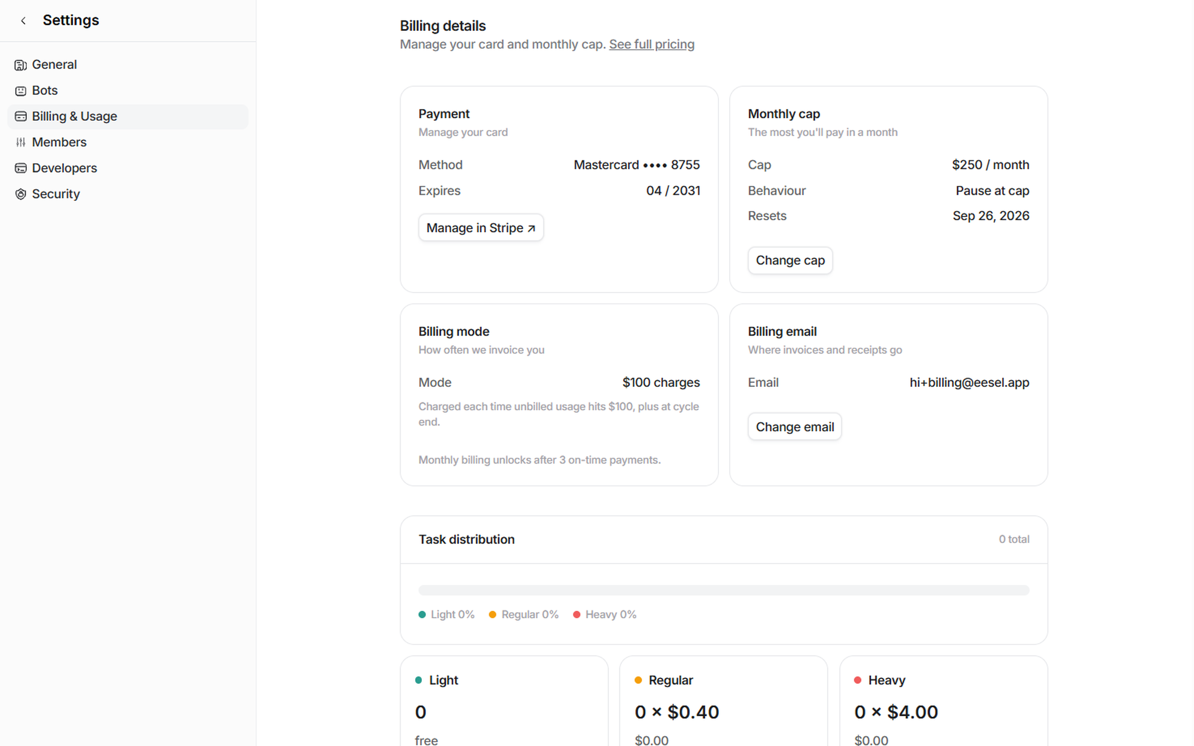 The Billing details section with four cards: Payment showing the saved Mastercard and a Manage in Stripe button, Monthly cap at $250 with a Change cap button, Billing mode, and Billing email