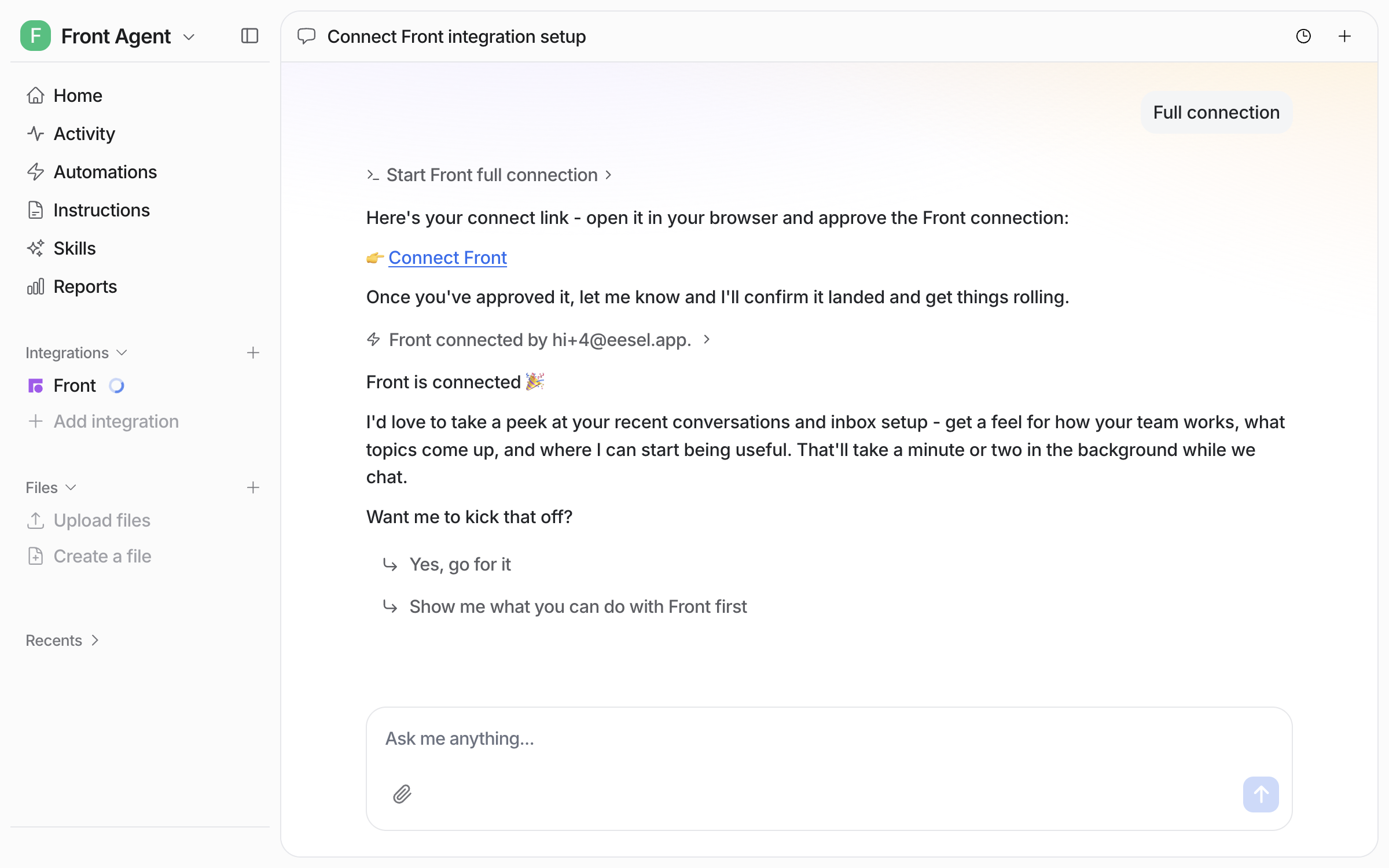 The dashboard chat showing Front is connected, with the agent offering to take a first look at recent conversations