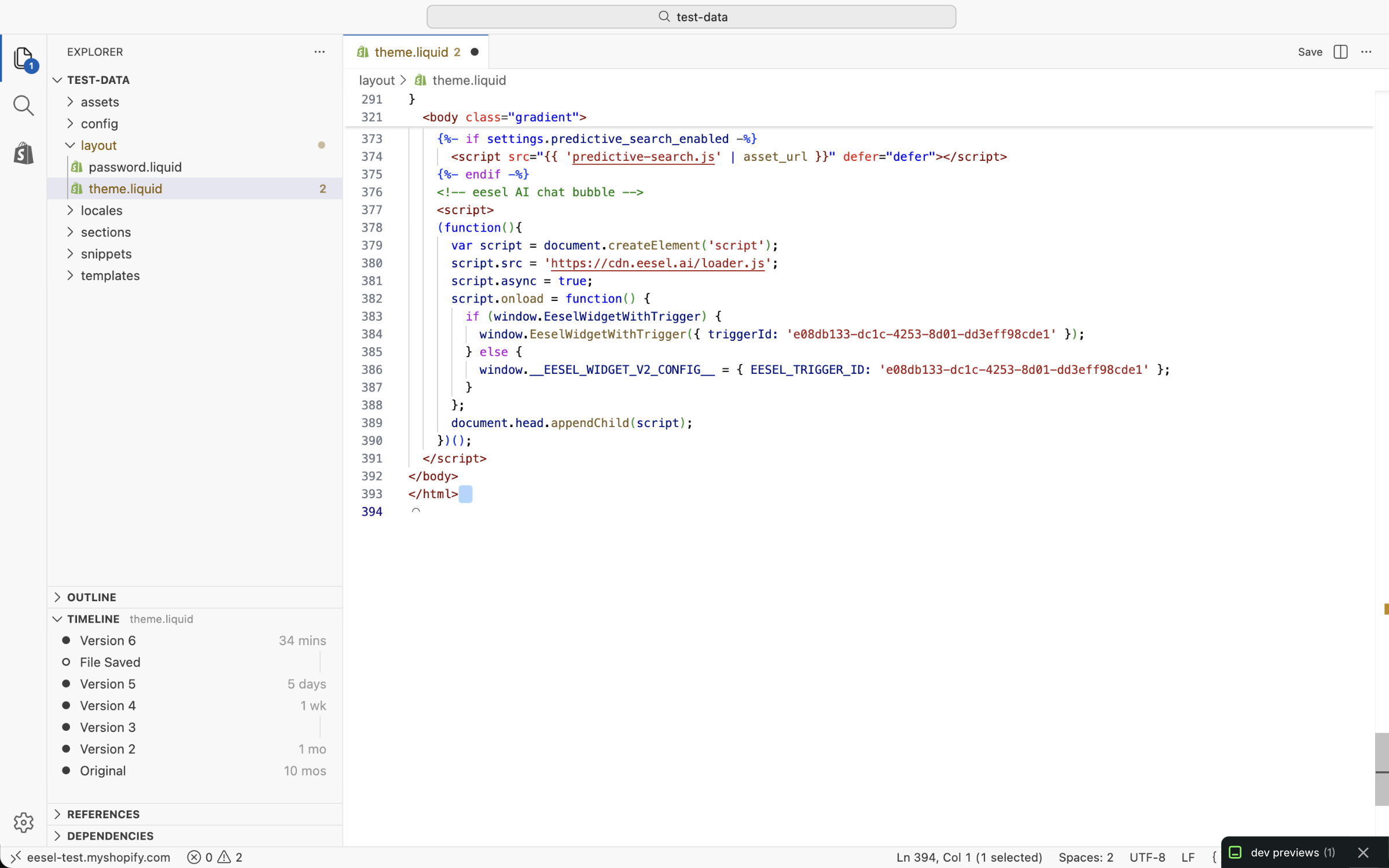 The Shopify code editor with theme.liquid open, the eesel loader snippet pasted at the end of the file on the lines before the closing body tag