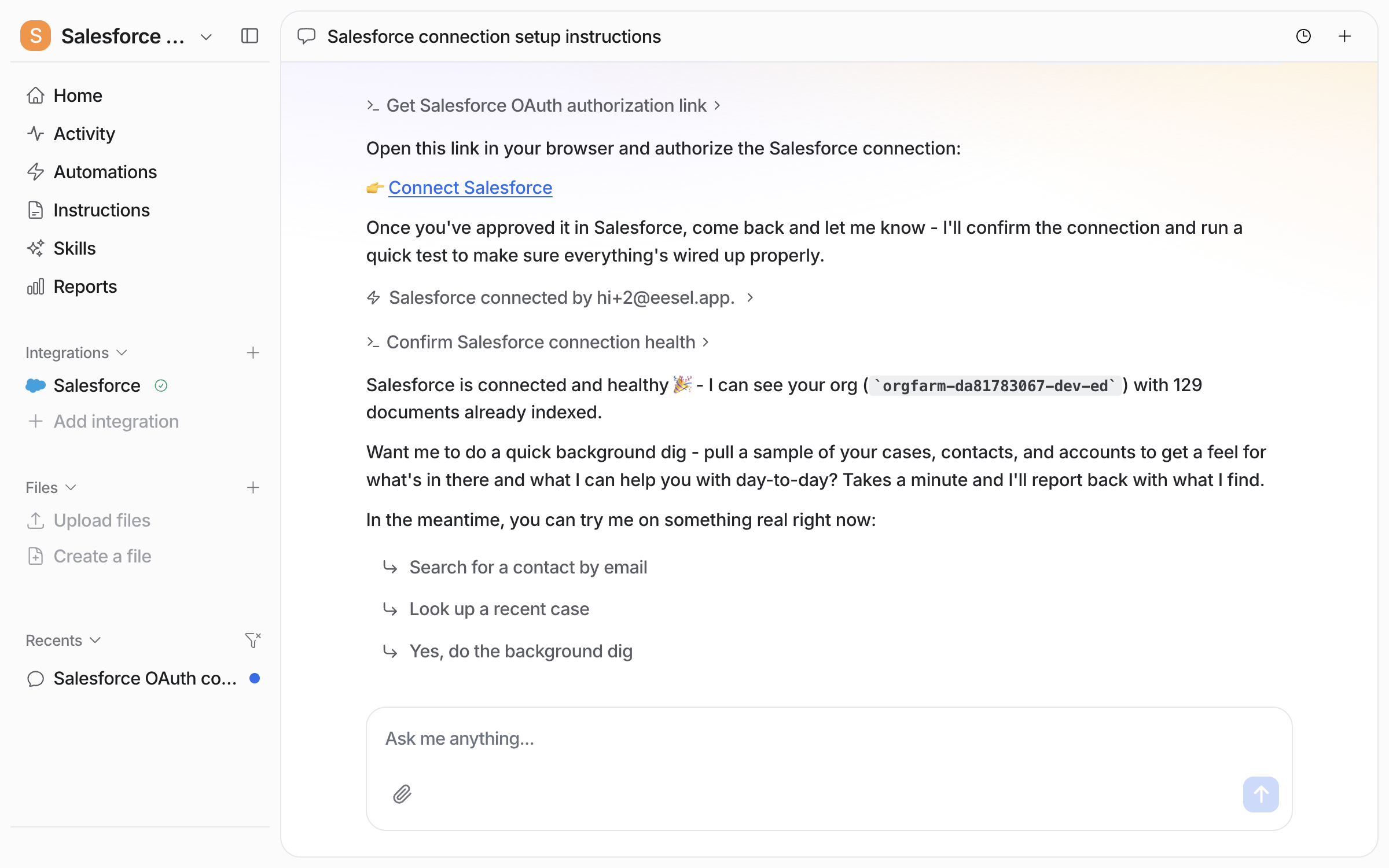 The dashboard chat confirming Salesforce is connected and healthy, naming the org and the number of documents already indexed