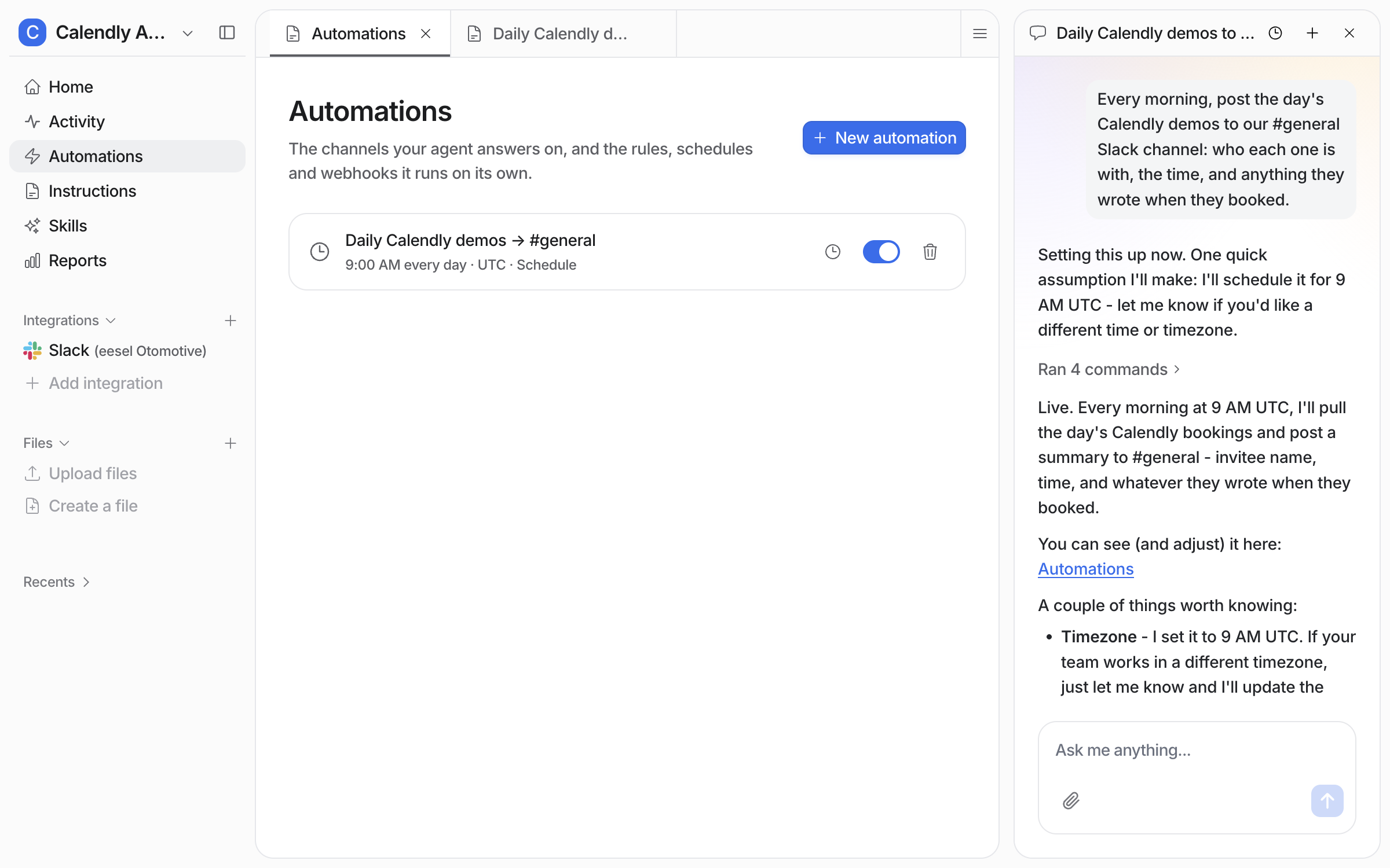 The Automations page listing Daily Calendly demos to general, 9:00 AM every day UTC, marked Schedule and switched on, beside the chat that created it
