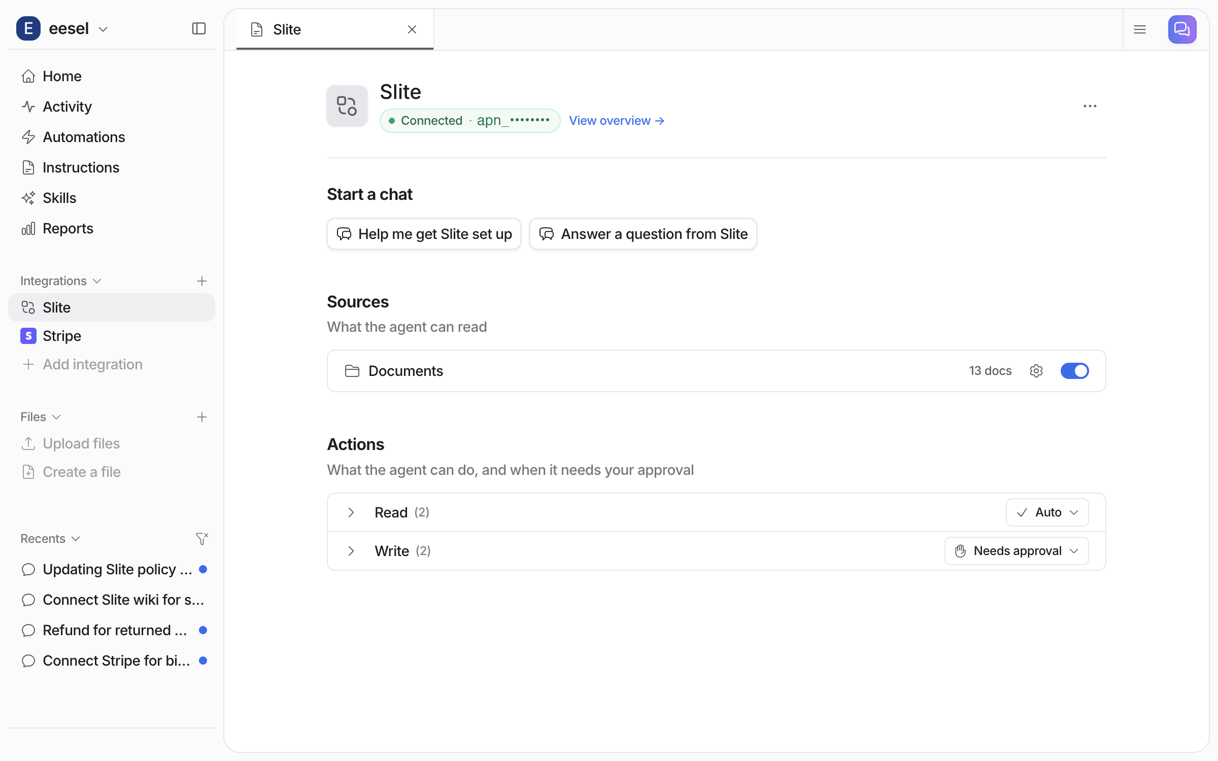 The connected Slite integration page: Documents source with 13 docs, Read (2) on Auto, Write (2) on Needs approval