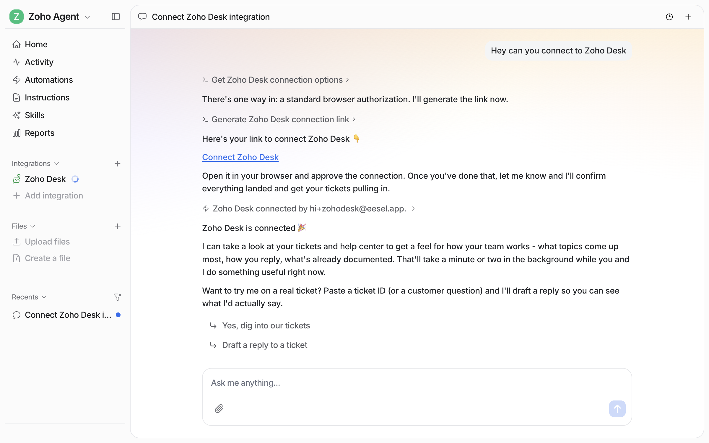 The dashboard chat showing a connected event for Zoho Desk, the agent confirming it is connected, and an offer to look at the tickets and help center