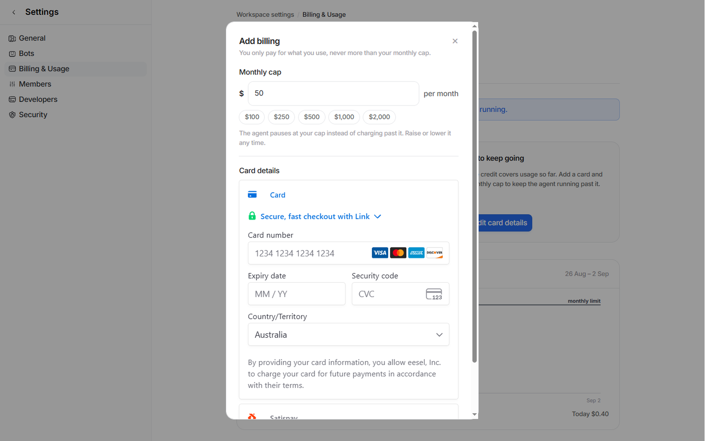 The Add billing dialog with the monthly cap field and preset amounts above the Stripe card details form