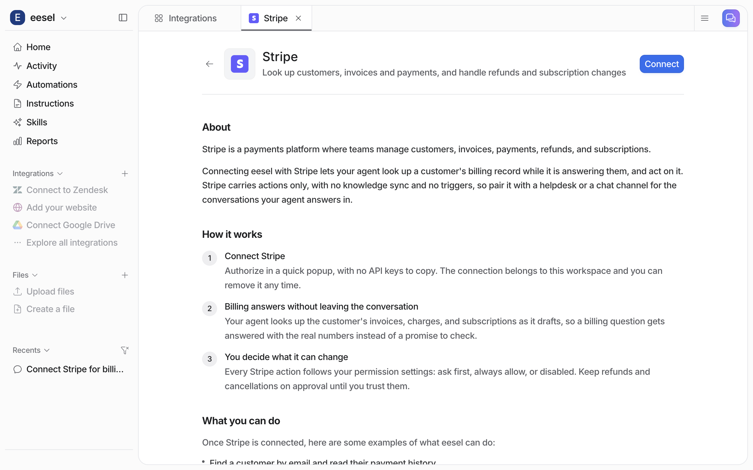 The Stripe integration page before connecting, with the About and How it works sections and a Connect button