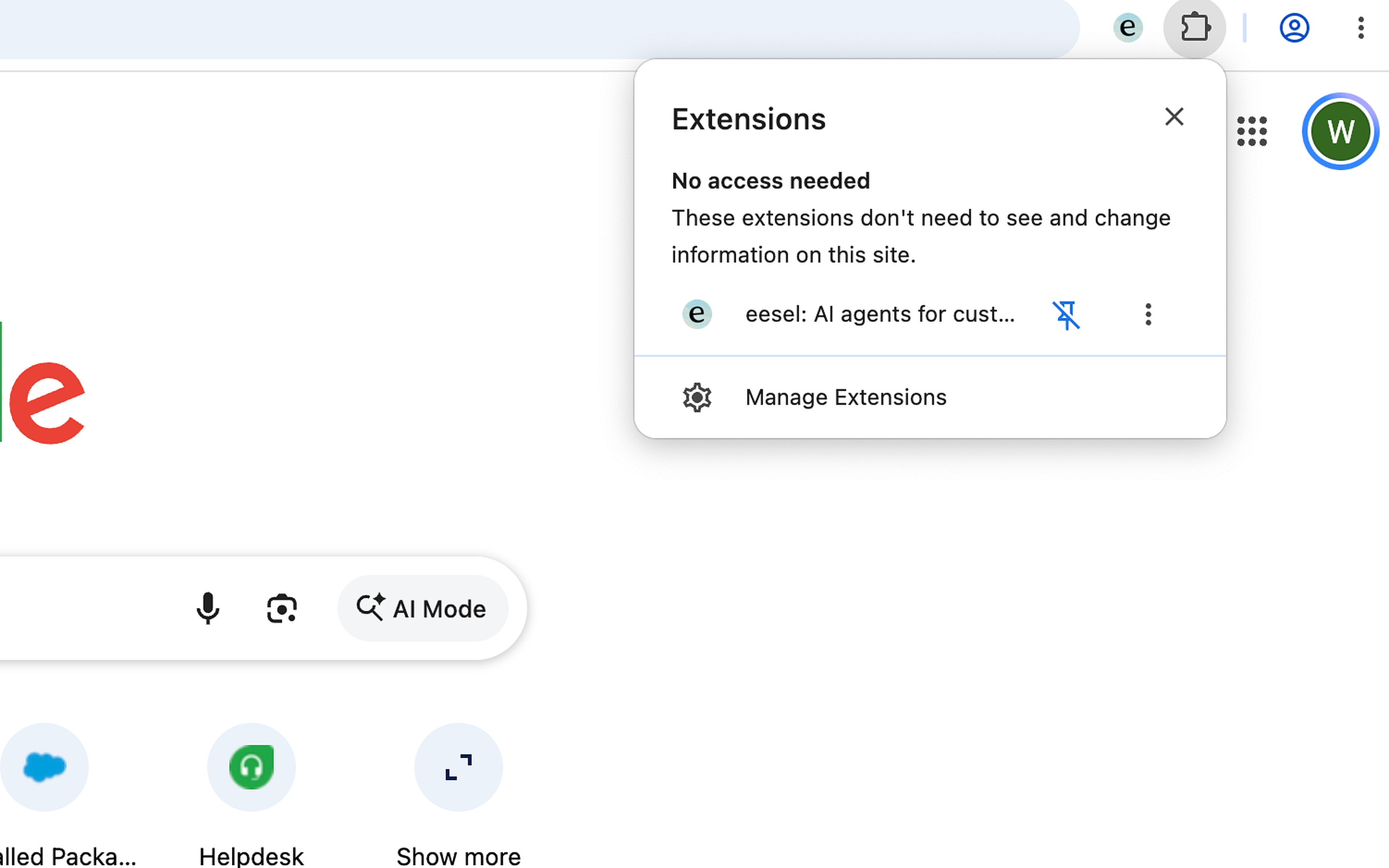 Chrome's Extensions popup open, showing the eesel entry with the pin icon beside it