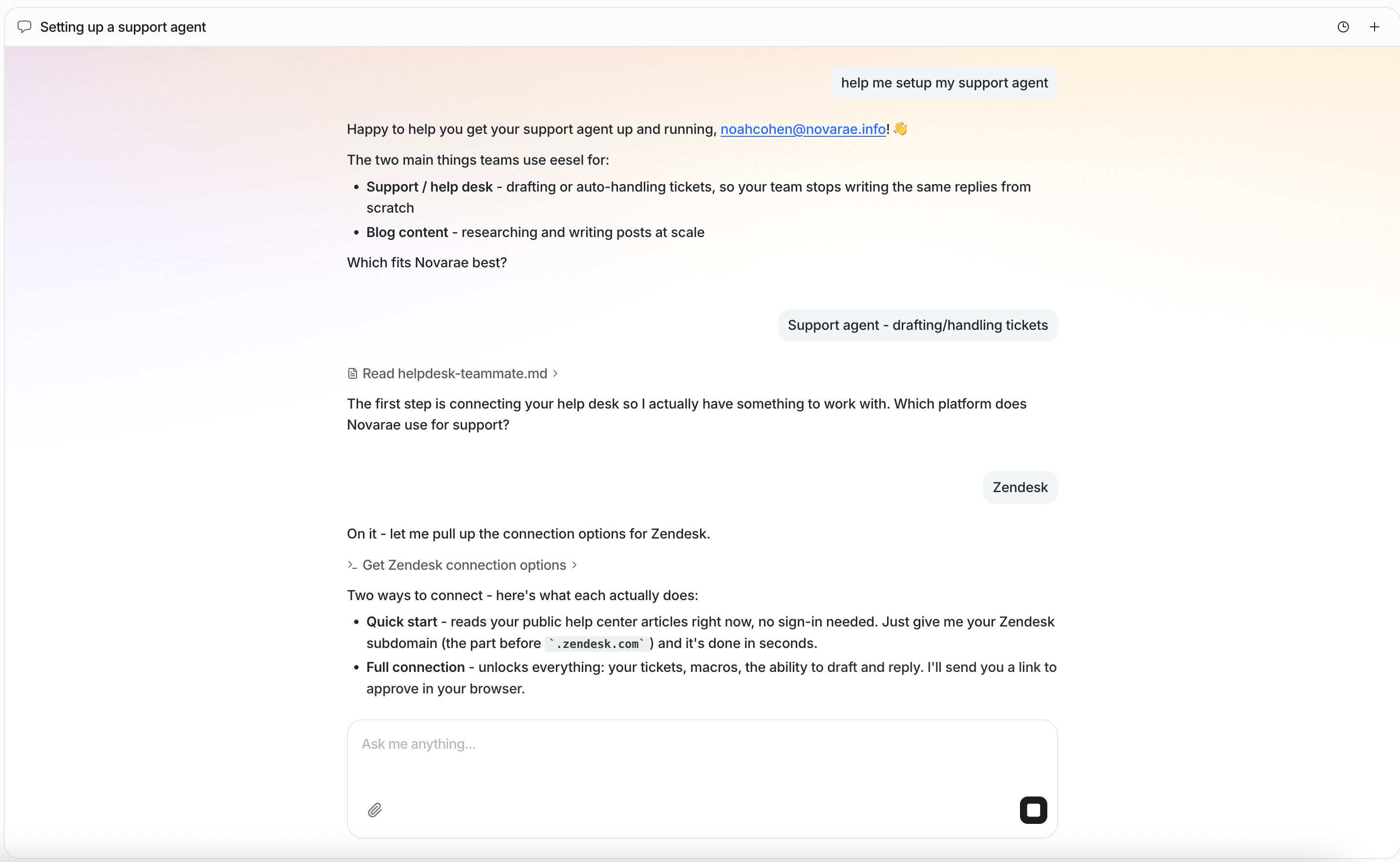 A chat where the user asks to set up a support agent and the agent pulls up the Zendesk connection options itself