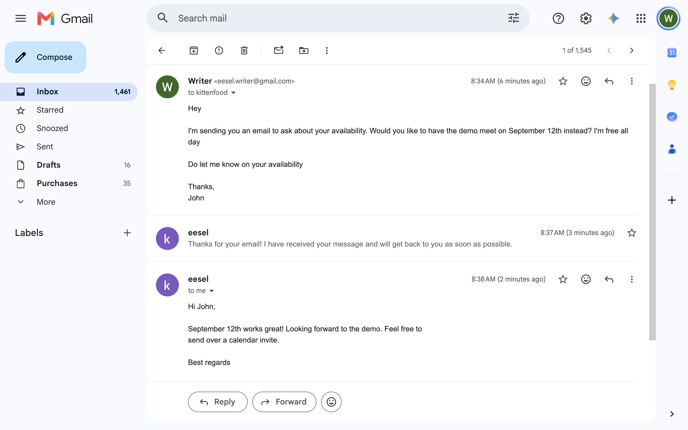 A Gmail thread where an incoming email got an automatic reply from the agent, followed by a second reply written after the sender's question
