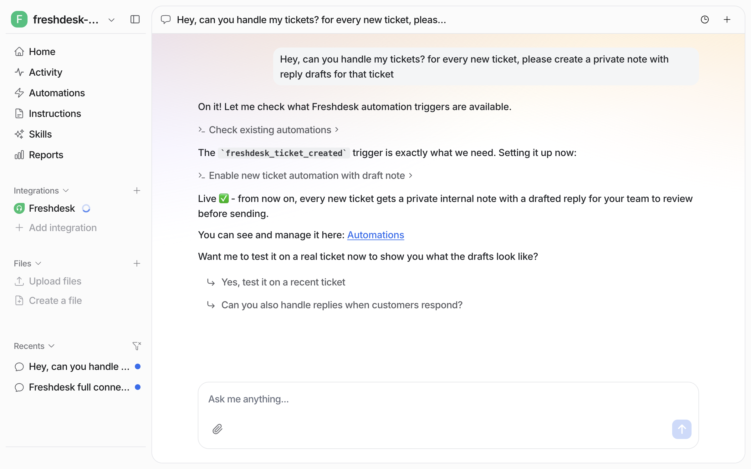 The dashboard chat where the user asks for private-note reply drafts on every new ticket, and the agent reports the trigger and action it enabled