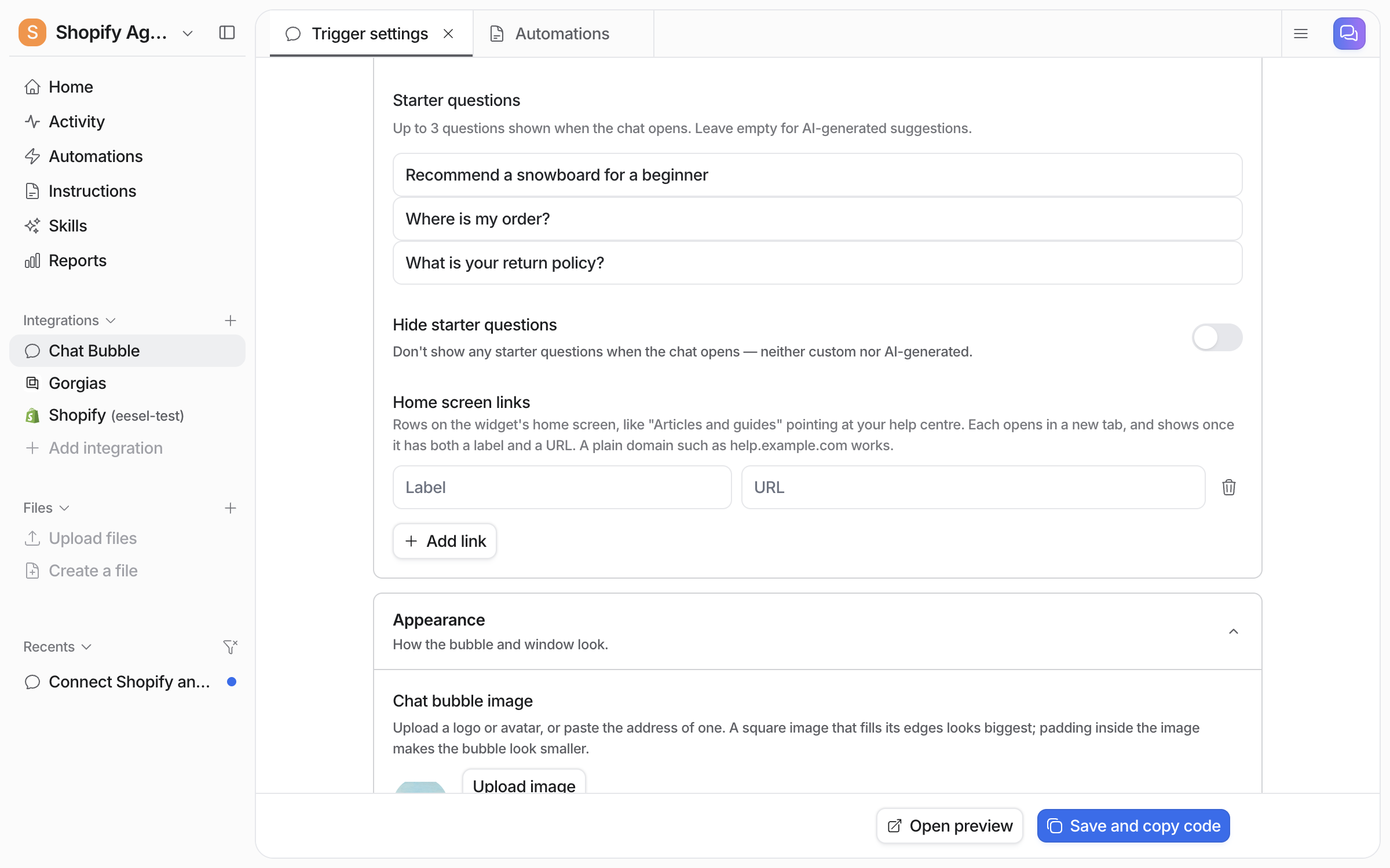 The starter questions part of the settings page, with three question fields filled in, a Hide starter questions switch, and an empty Home screen links label and URL pair with an Add link button