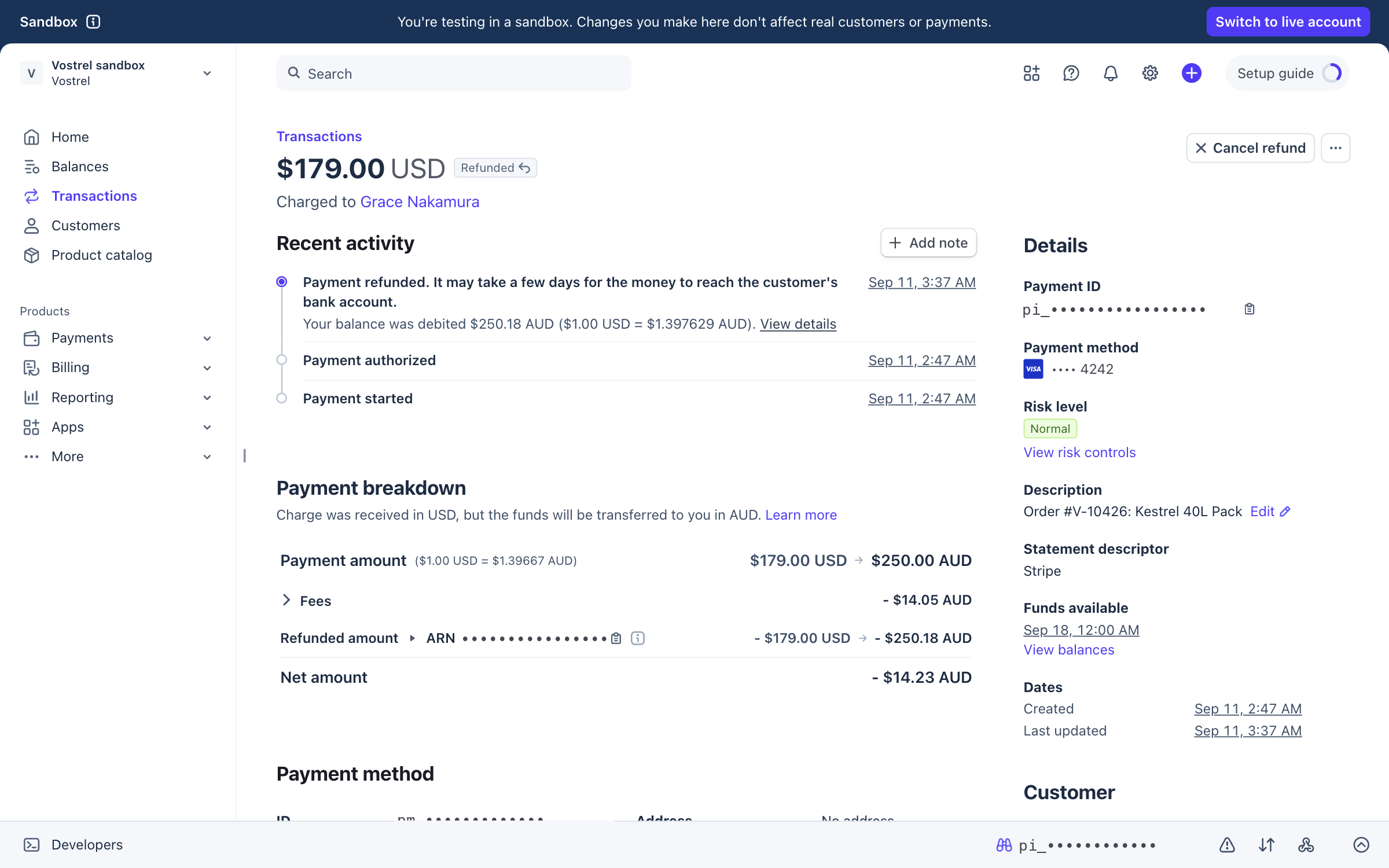 A payment in the Stripe dashboard marked Refunded, with the refund in the activity timeline