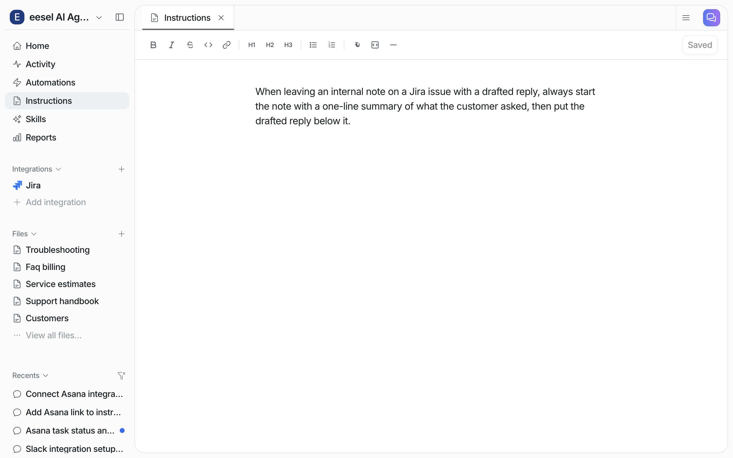 The Instructions page in eesel showing the saved rule about how to lay out an internal note on a Jira issue