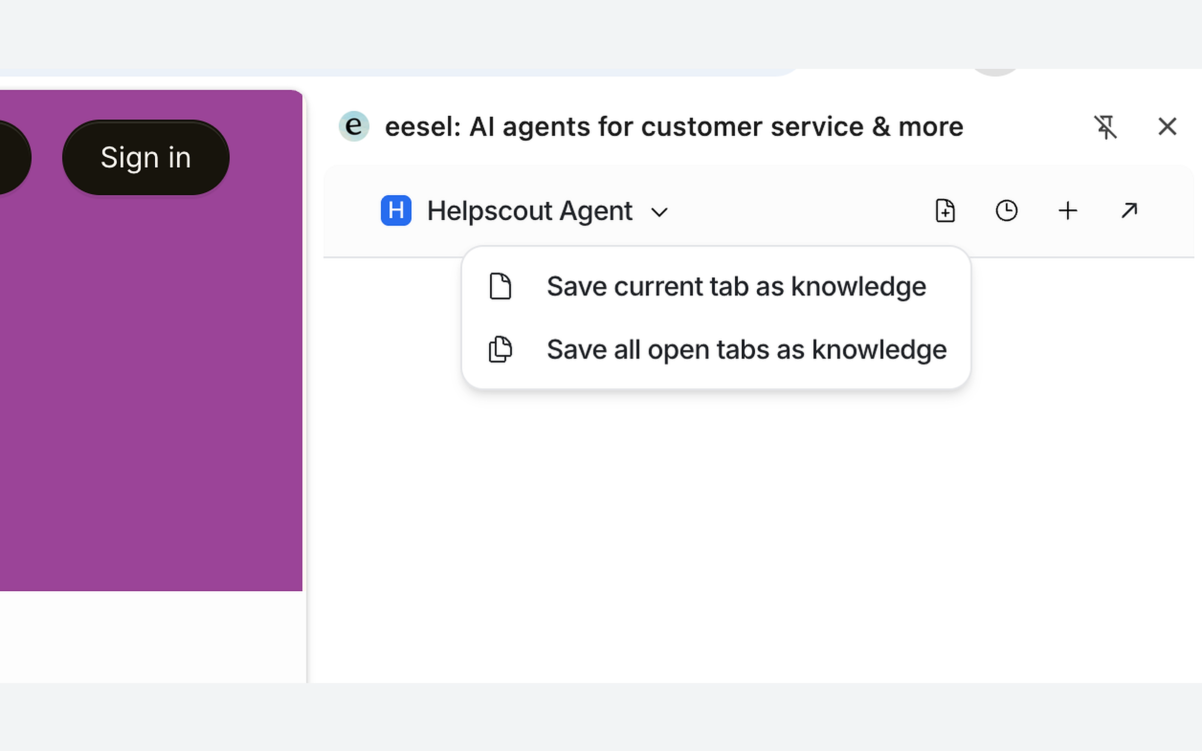 Close-up of the panel header menu, showing Save current tab as knowledge and Save all open tabs as knowledge