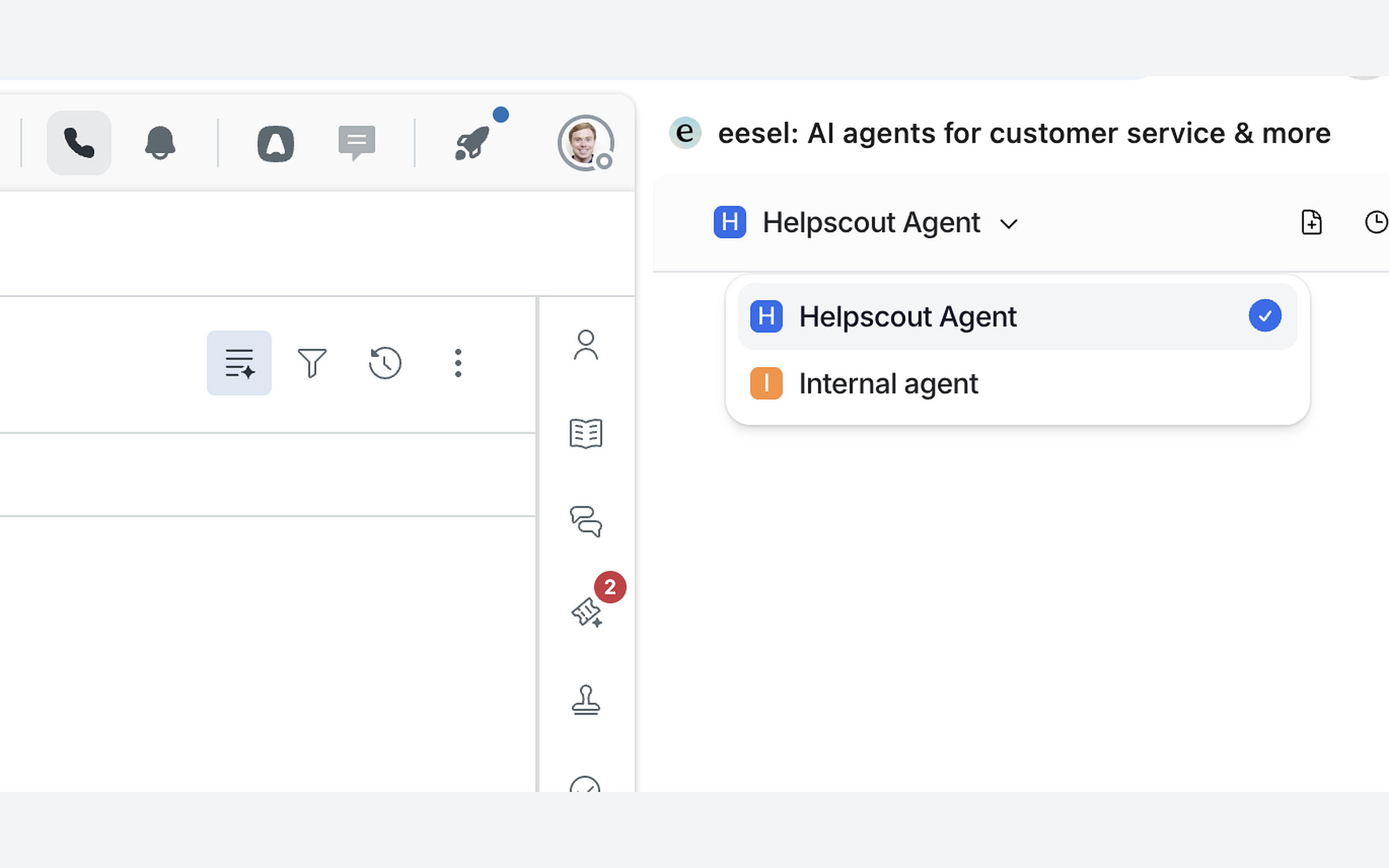 The agent picker open at the top of the eesel side panel, listing Helpscout Agent, ticked, and Internal agent
