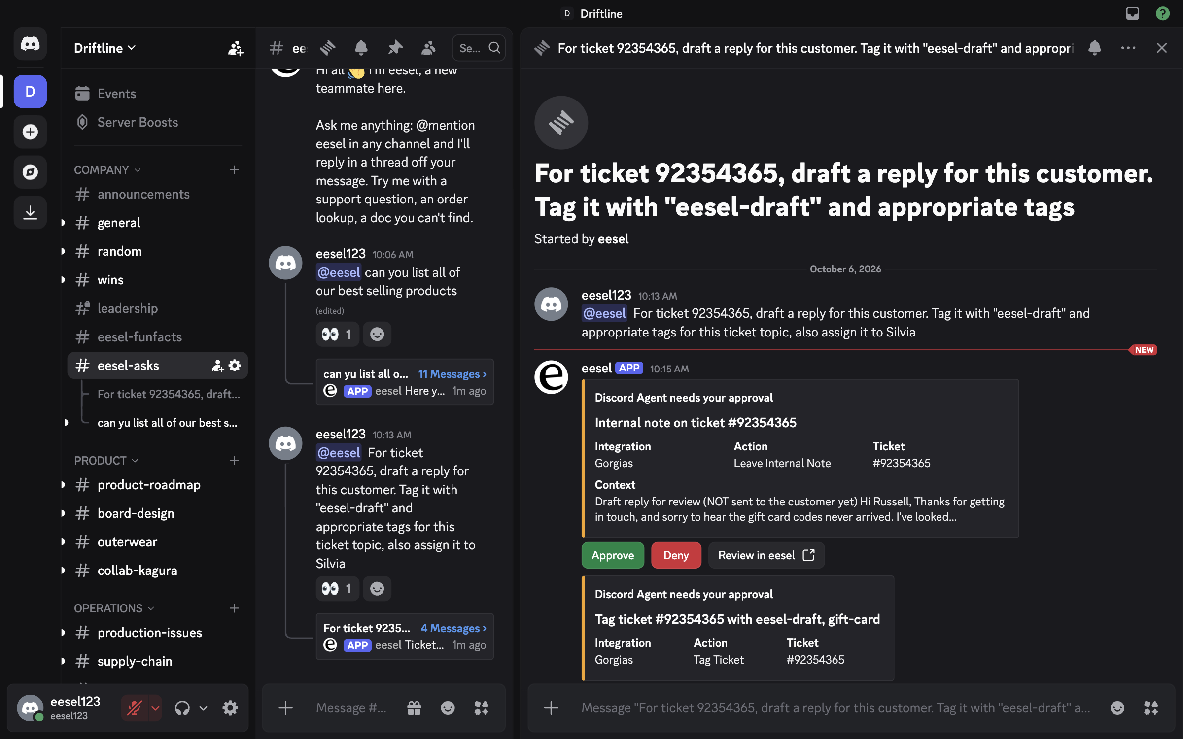 A Discord thread where a member asks eesel to draft a reply for a Gorgias ticket, tag it and assign it, and eesel posts an approval card for an internal note with the draft as context