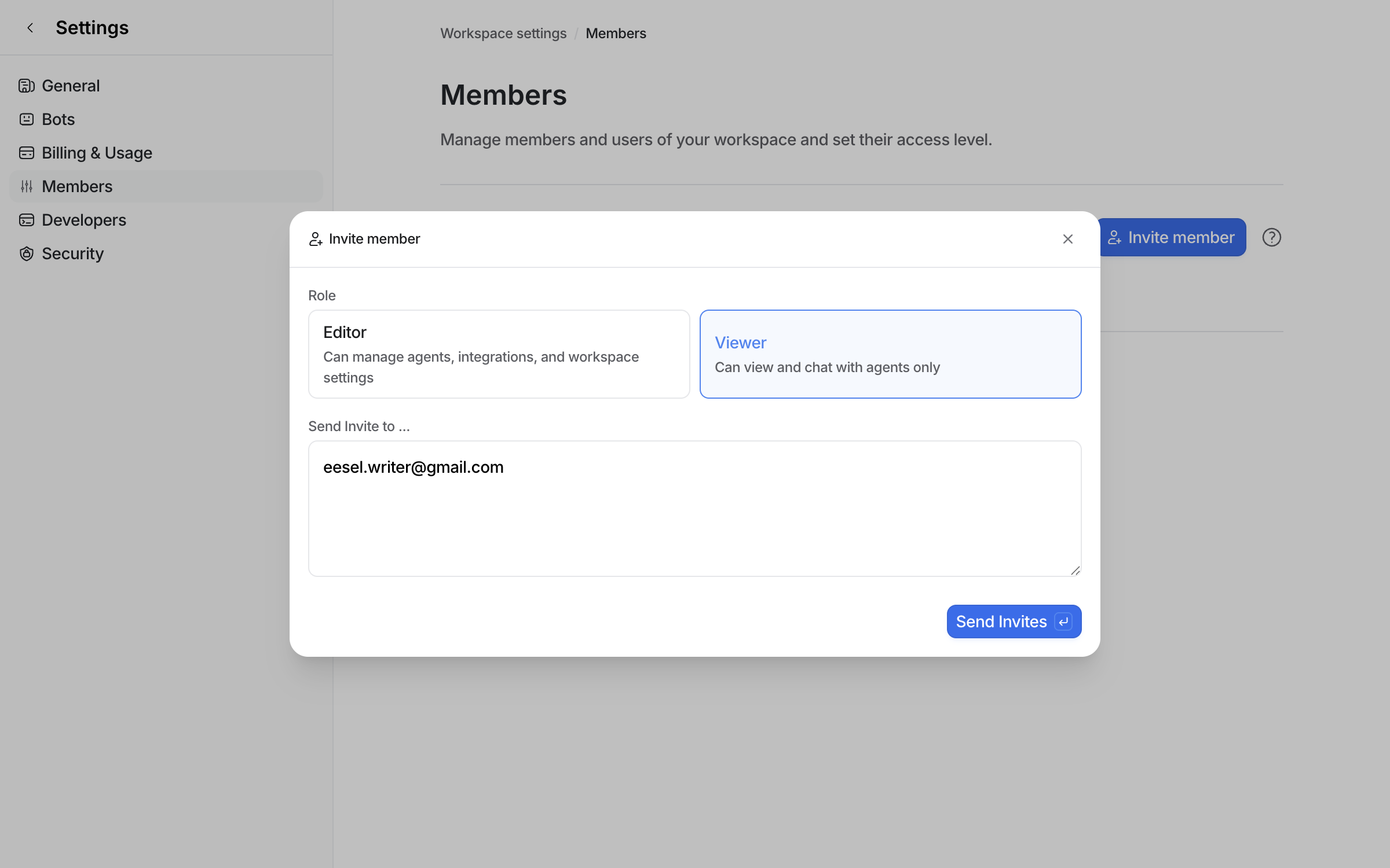 The Invite member dialog with Editor and Viewer roles, Viewer selected, and an email address typed into the Send Invite to box