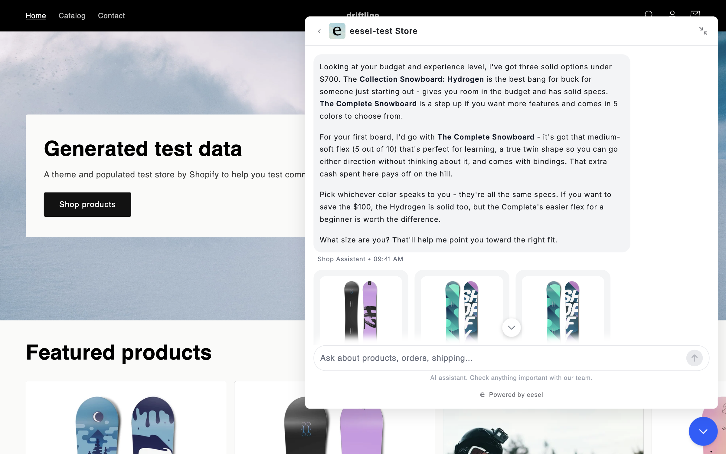 The same chat bubble conversation in full-screen mode, showing the full recommendation reply and a row of three product cards below it