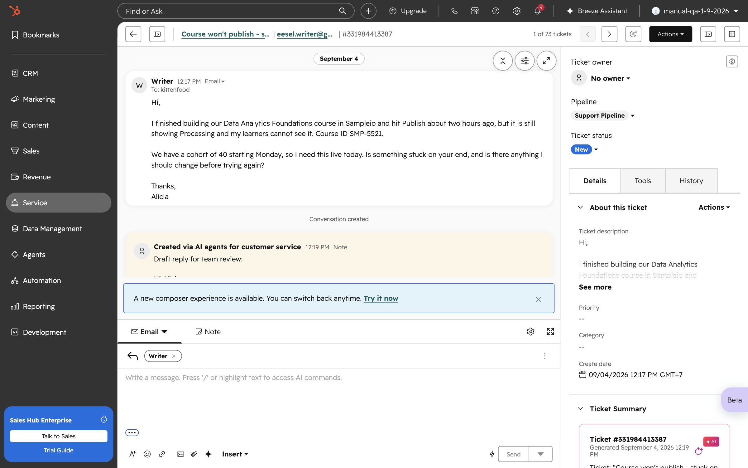 A HubSpot Service Hub ticket where the customer email is shown above eesel AI's internal comment, which opens with a draft reply for team review