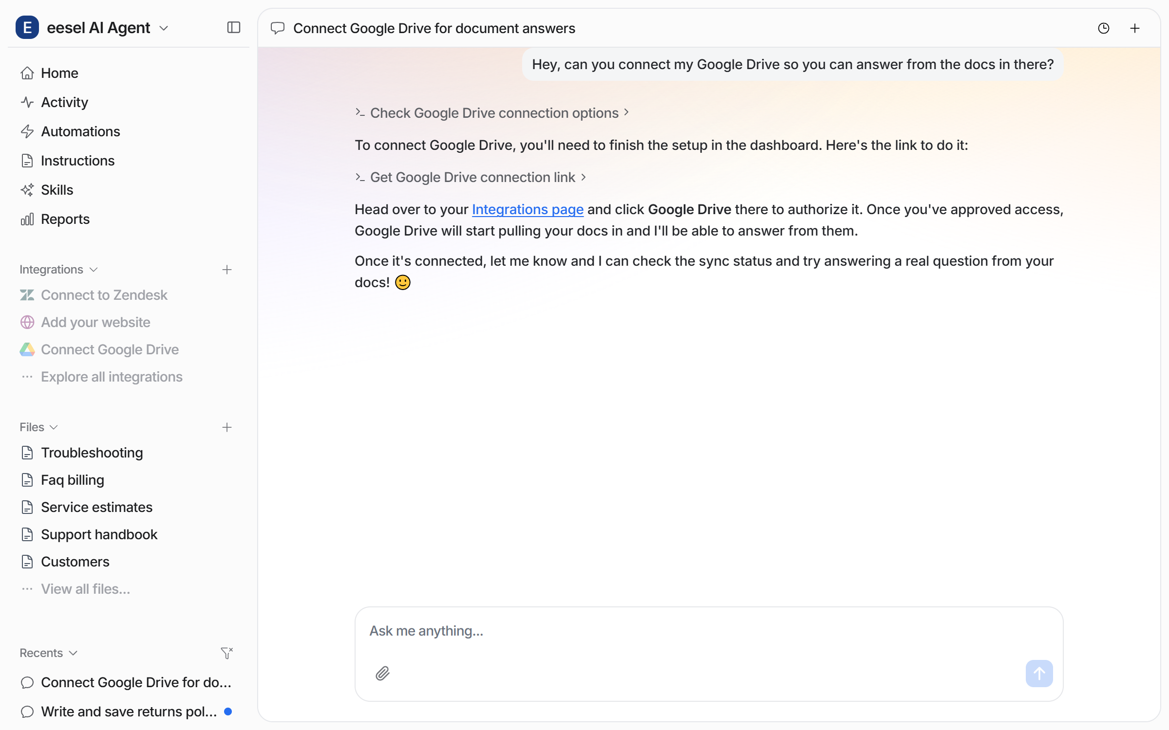 The dashboard chat where the user asks to connect Google Drive and the agent links the Integrations page and explains the approval