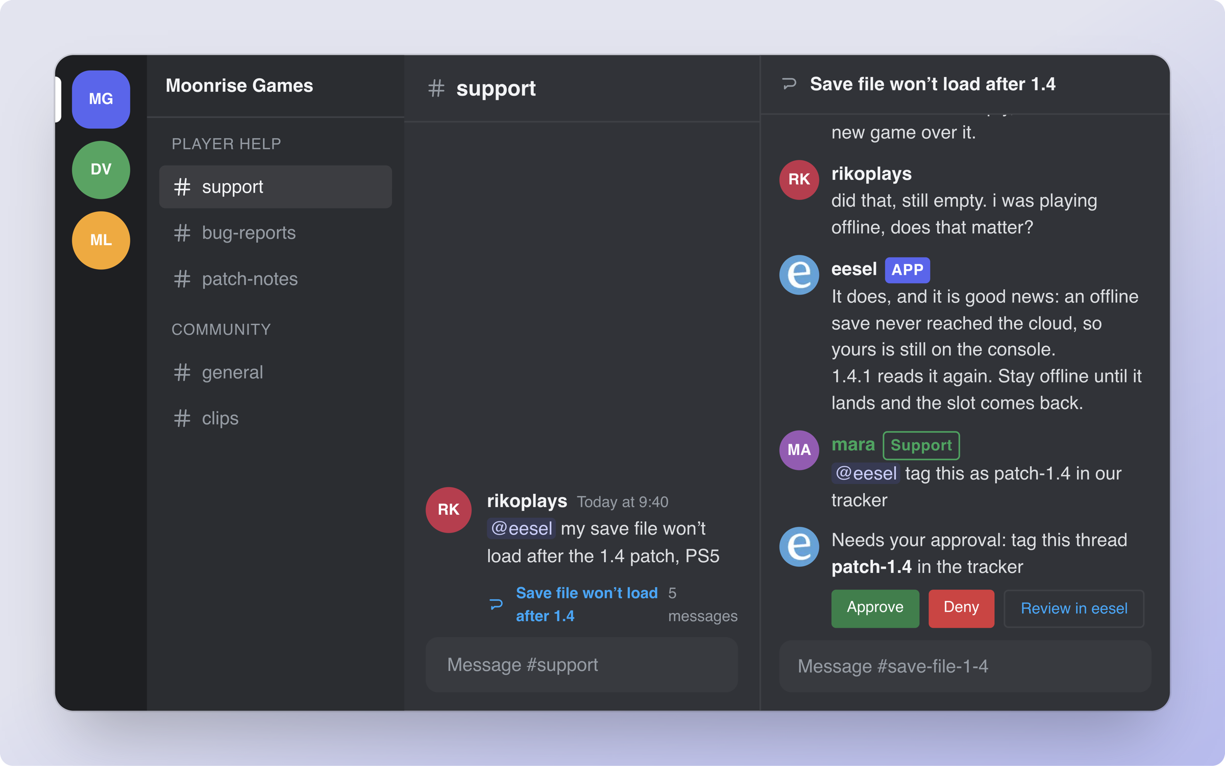 A Discord server where a player mentions eesel in #support, eesel answers in the thread, and a teammate asks it to tag the thread, which posts an approval card with Approve, Deny and Review in eesel